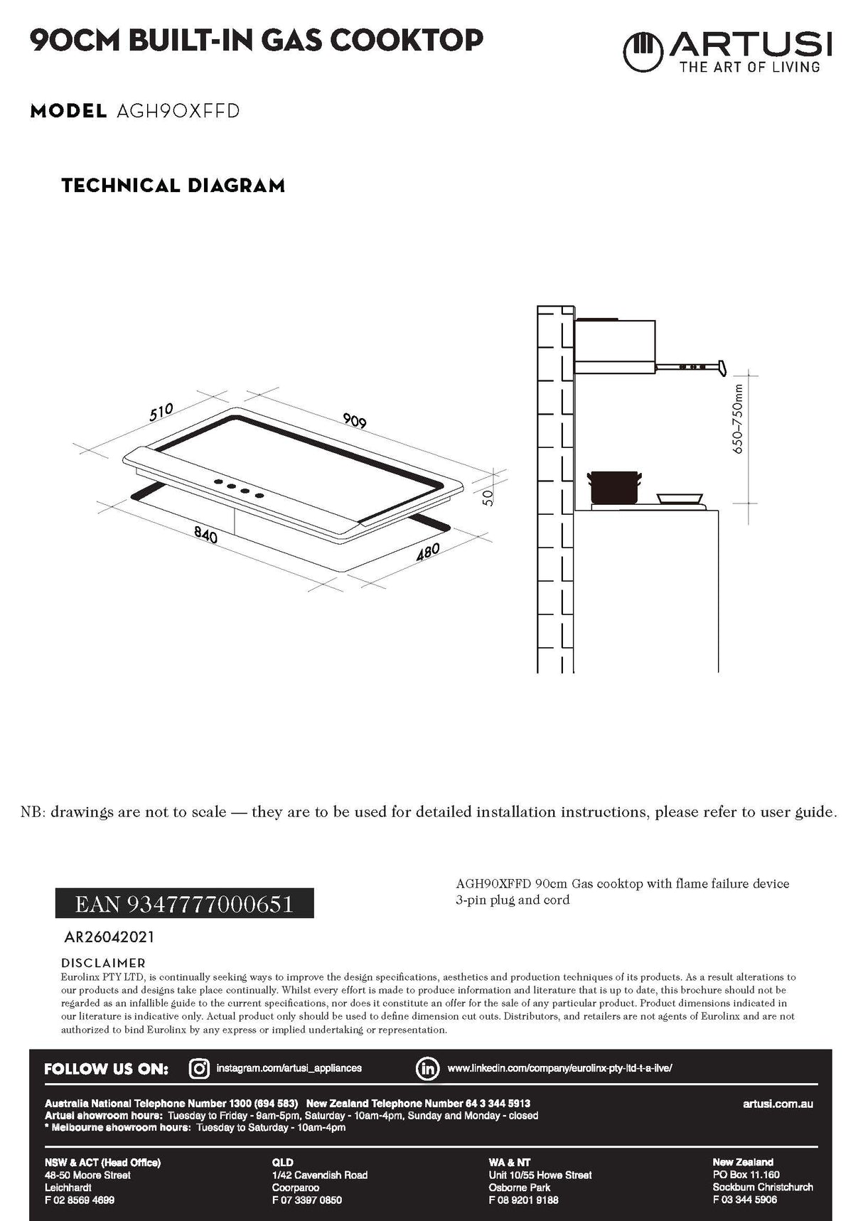 Artusi AGH90XFFD 90cm Stainless Steel Gas Cooktop