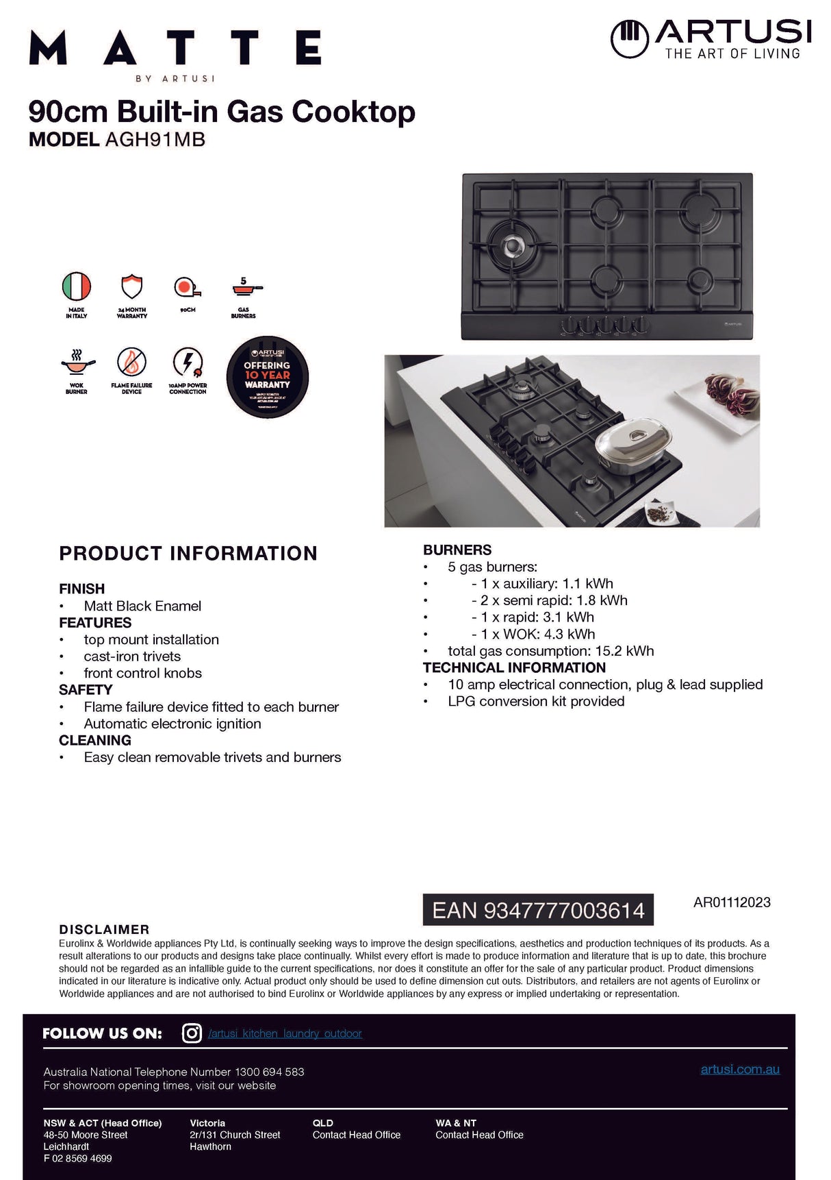 Artusi AGH91MB 90cm Black Finish Gas Cooktop