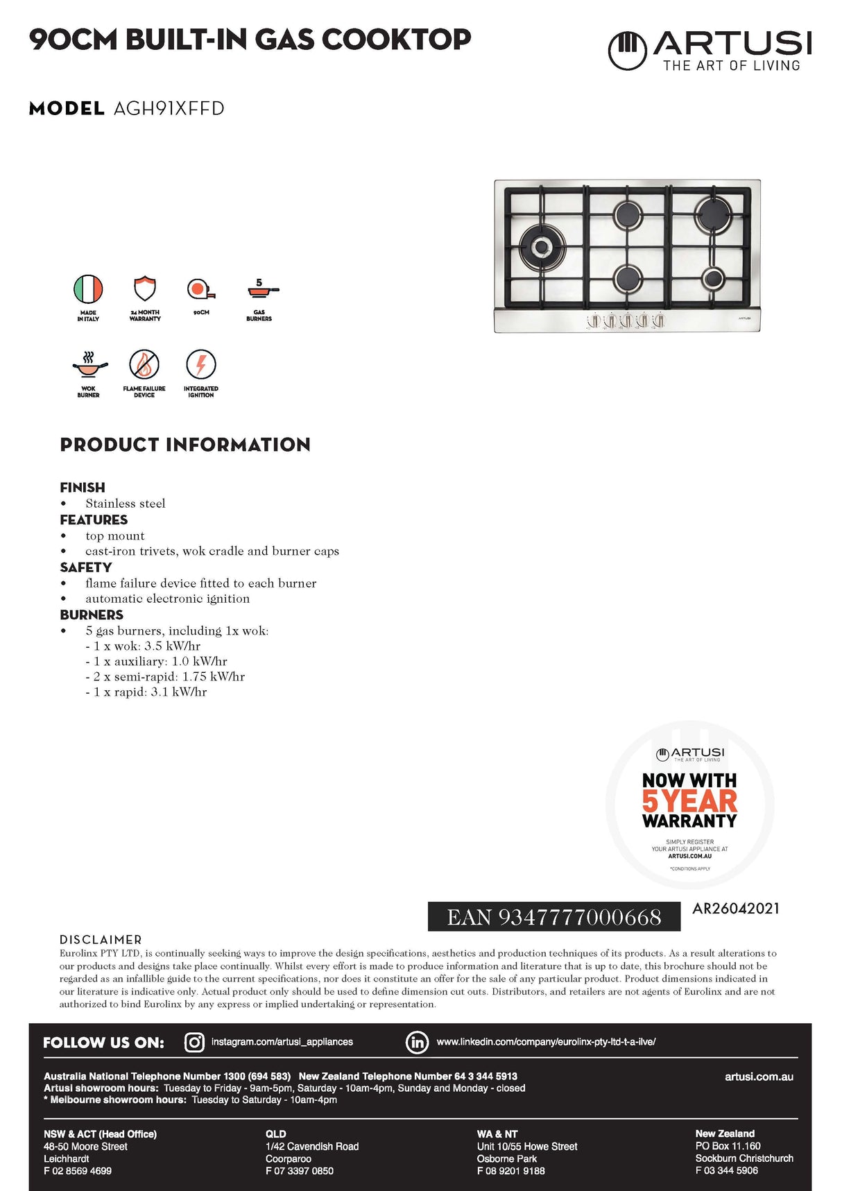 Artusi AGH91XFFD 90cm Stainless Steel Gas Cooktop