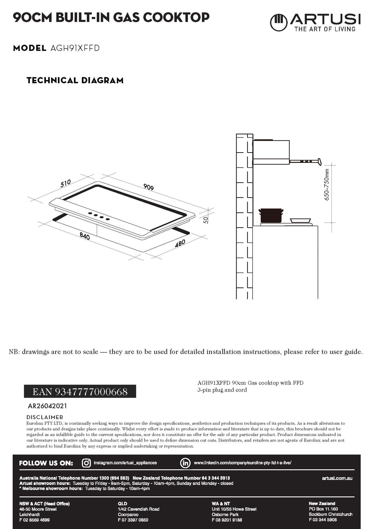 Artusi AGH91XFFD 90cm Stainless Steel Gas Cooktop