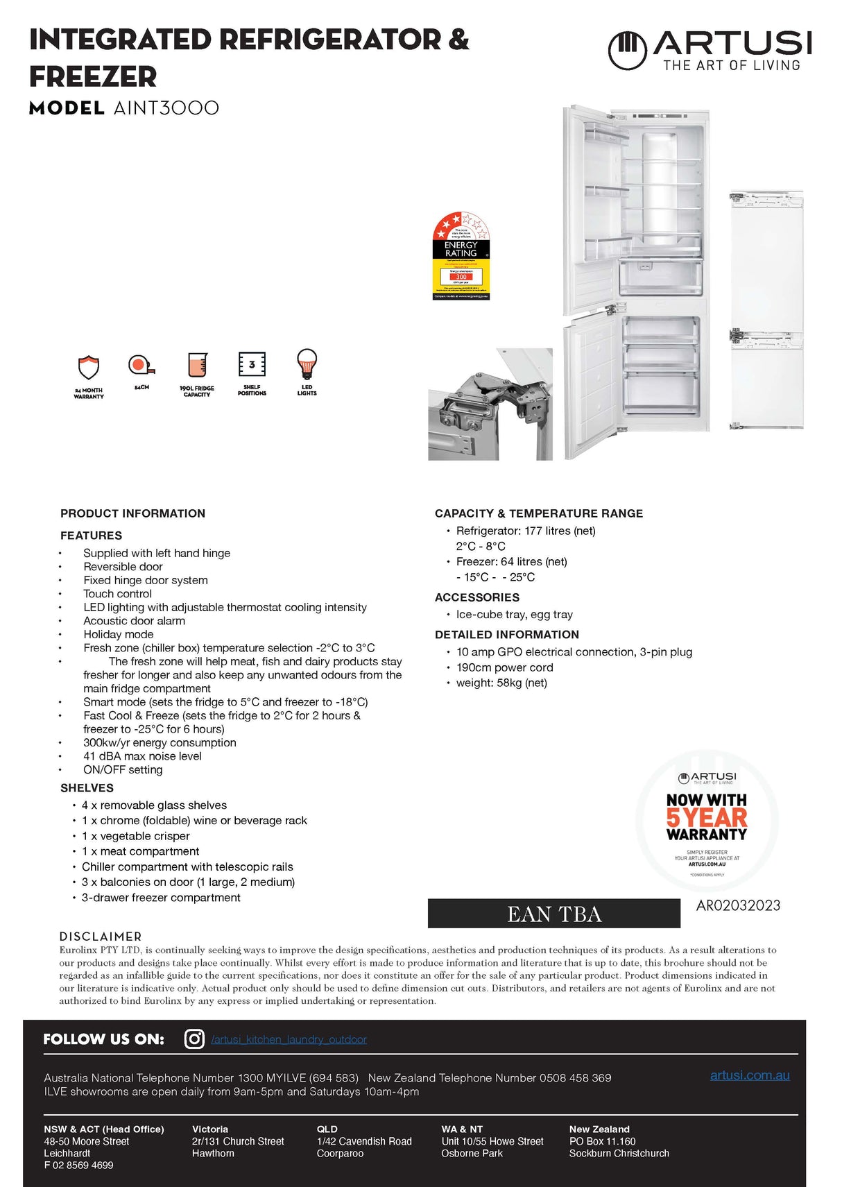 Artusi AINT3000 241L 60cm Integrated Bottom Mount Fridge