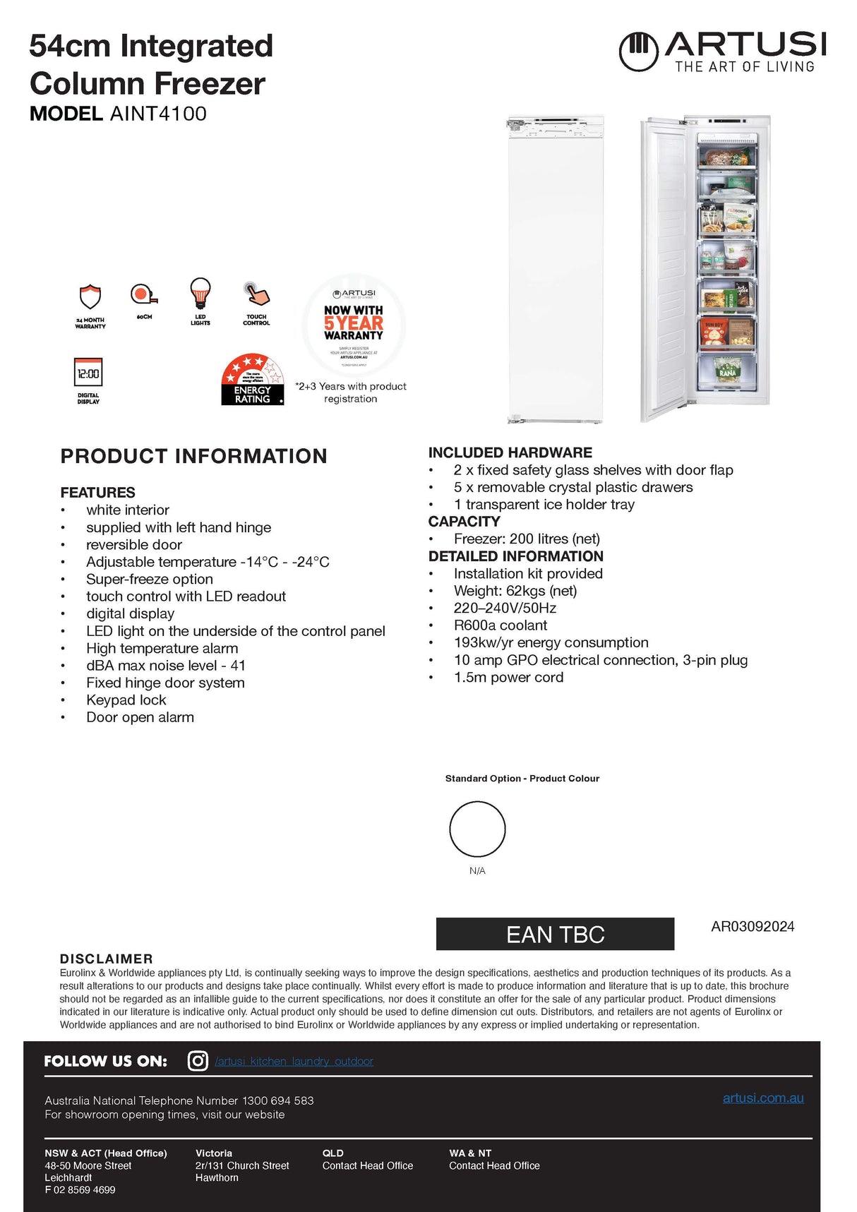 Artusi AINT4100 40cm 200L Fully Integrated Freezer