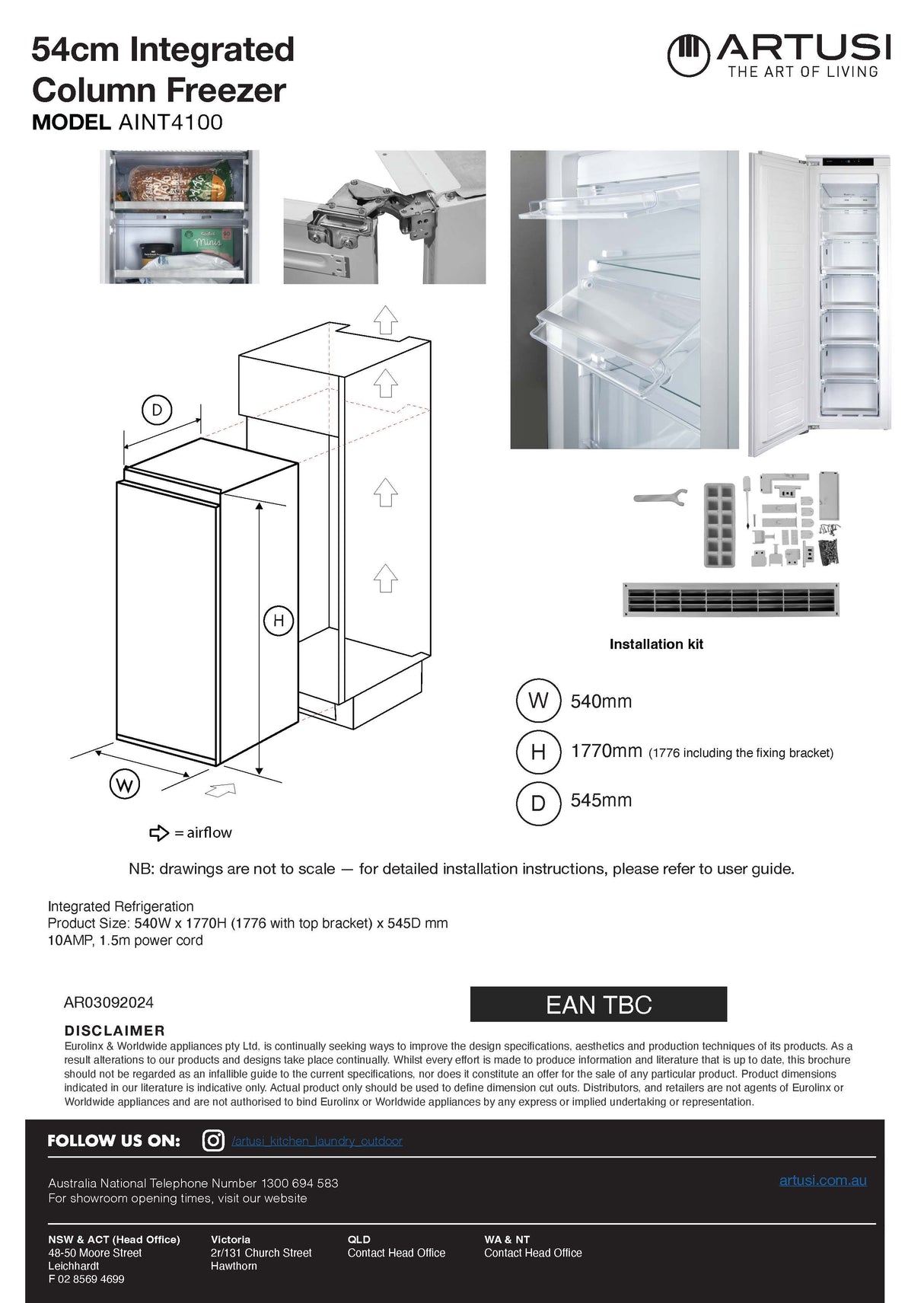 Artusi AINT4100 40cm 200L Fully Integrated Freezer