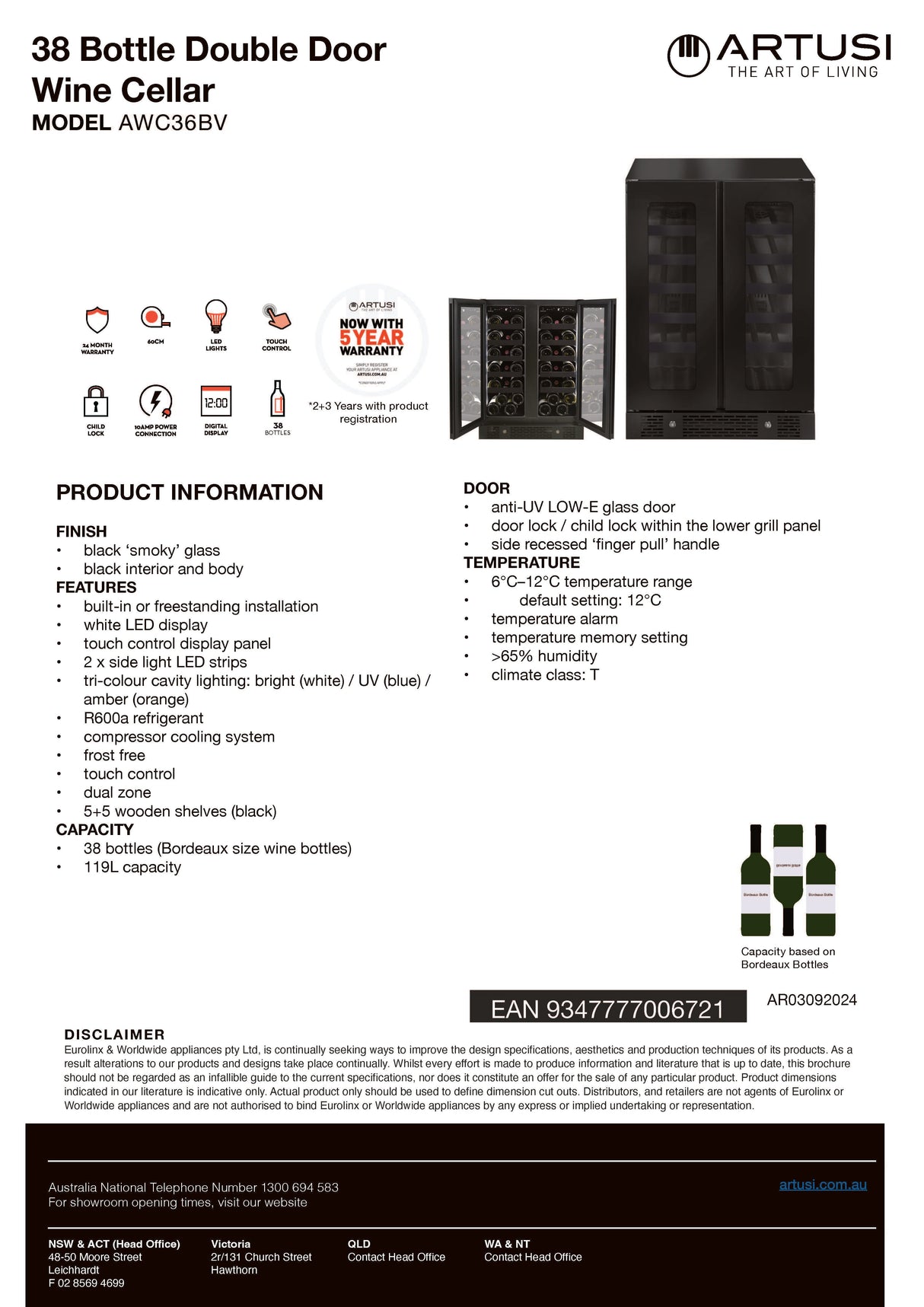Artusi AWC36BV Dual Zone Wine Fridge, 36 Bottle, Double Door, Matte Black