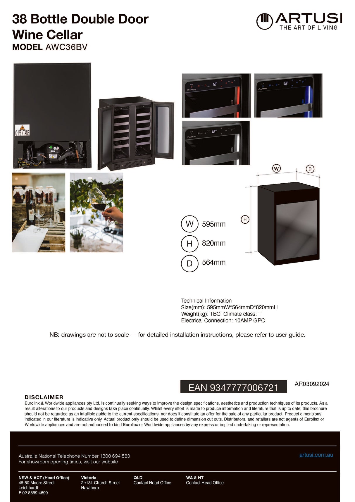Artusi AWC36BV Dual Zone Wine Fridge, 36 Bottle, Double Door, Matte Black
