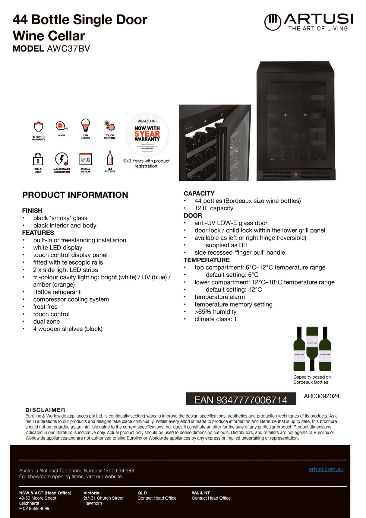 Artusi AWC37BV Dual Zone Wine Cooler, 37 Bottle, Reversible Door, Matte Black