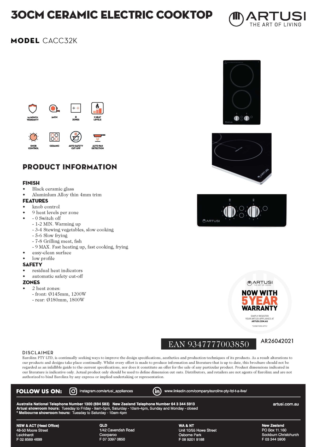 Artusi CACC32K 30cm Ceramic Electric Cooktop, Black