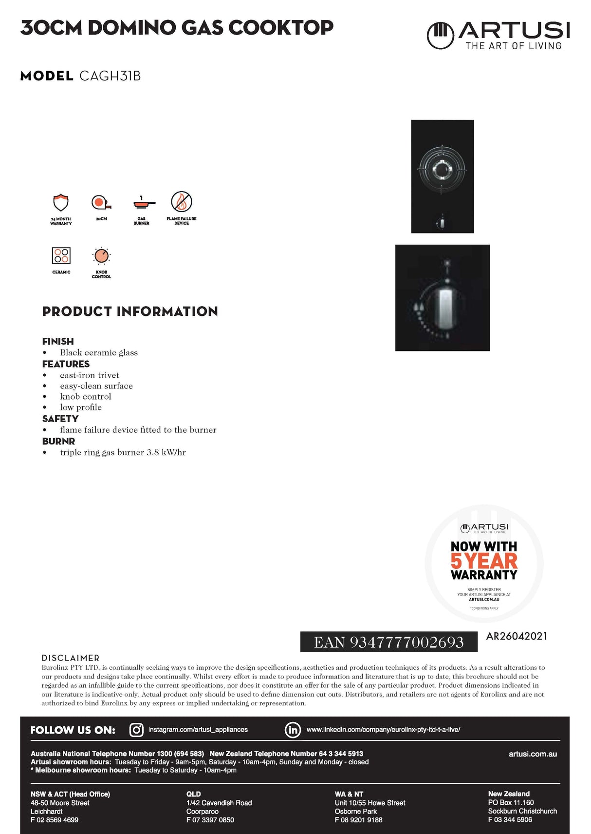 Artusi CAGH31B 30cm Black Finish Gas Cooktop