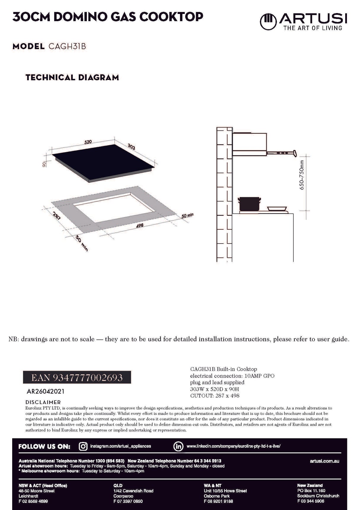 Artusi CAGH31B 30cm Black Finish Gas Cooktop