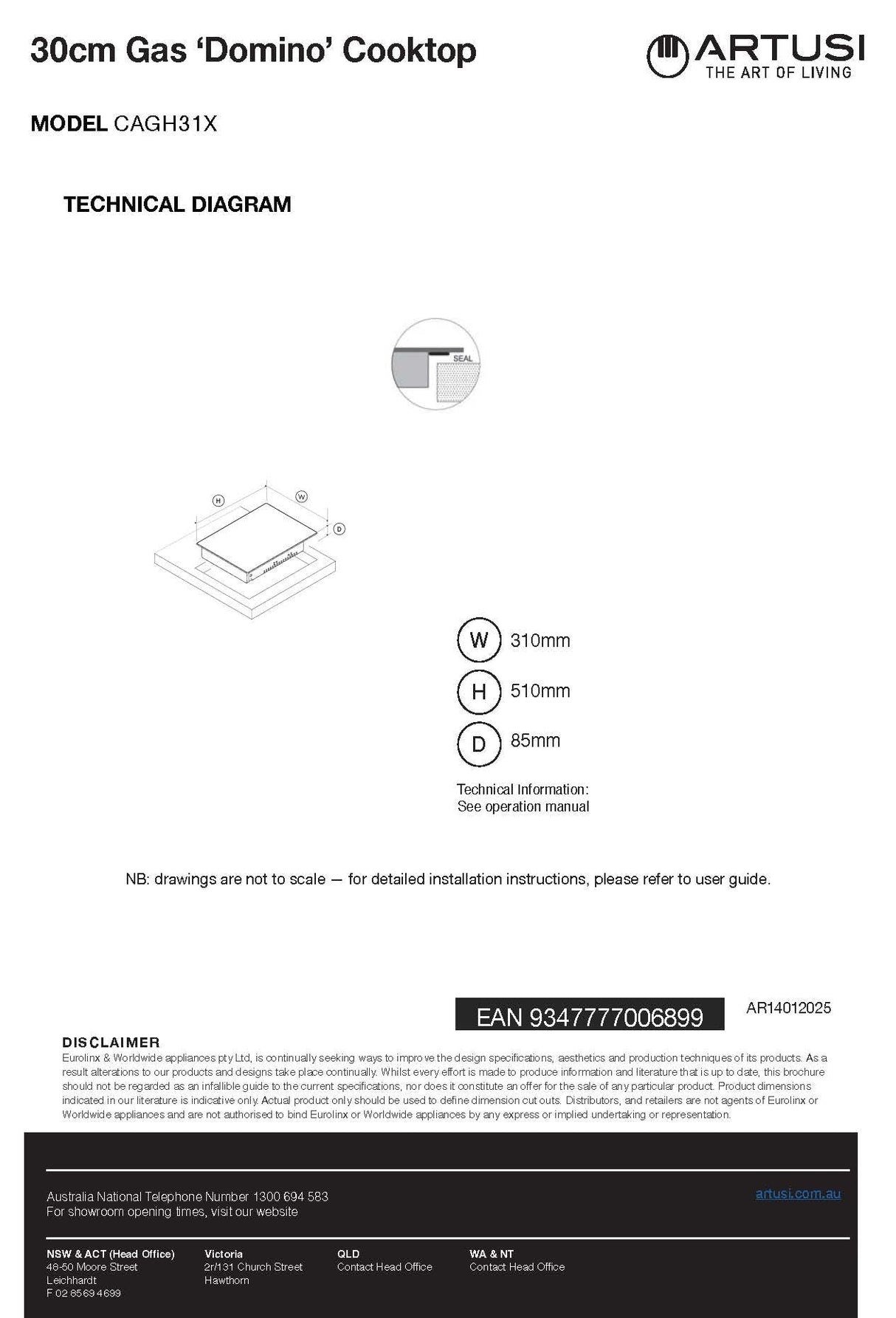 Artusi CAGH31X 30cm Stainless Steel Gas Cooktop