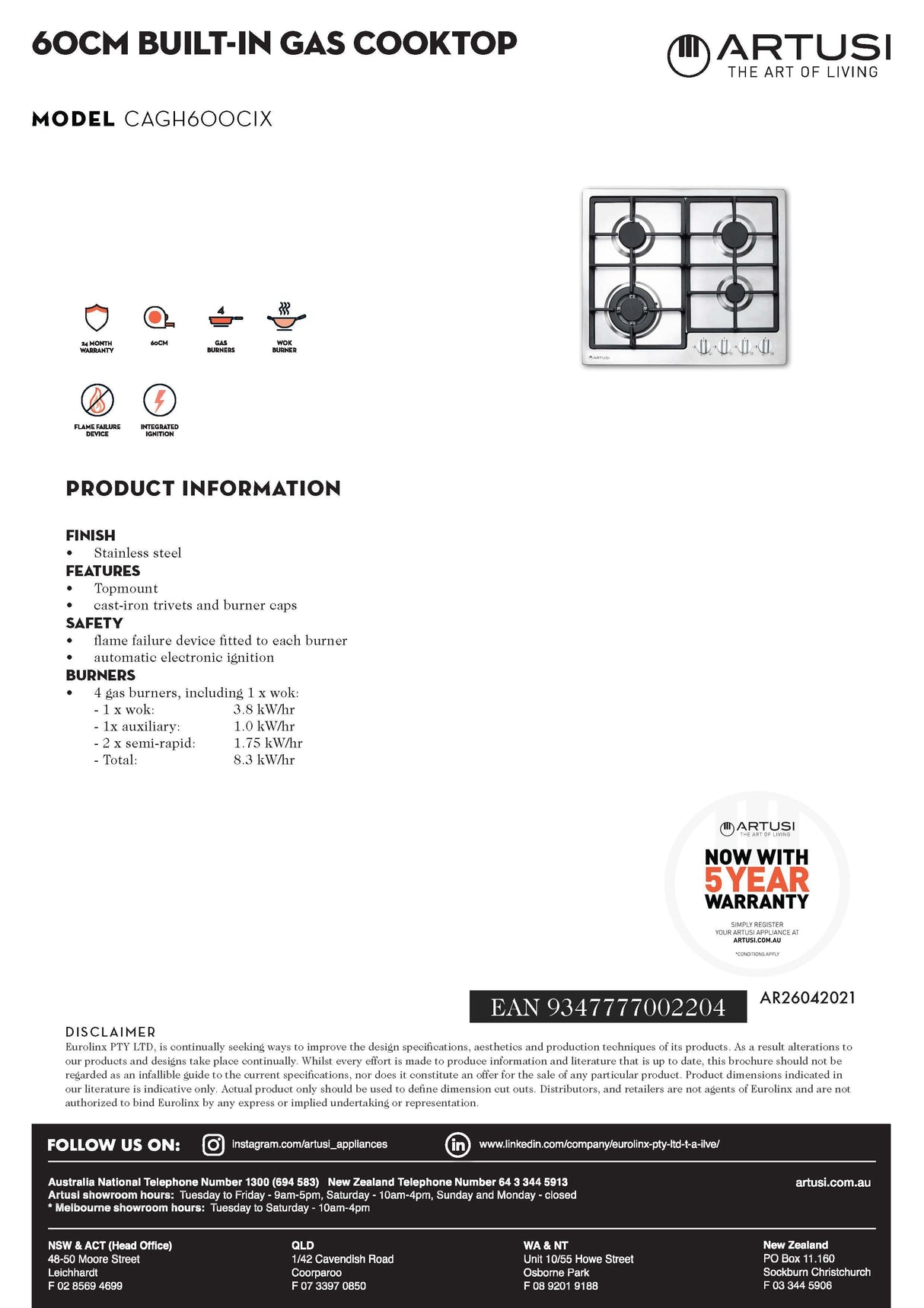 Artusi CAGH600CIX 60cm Stainless Steel Gas Cooktop