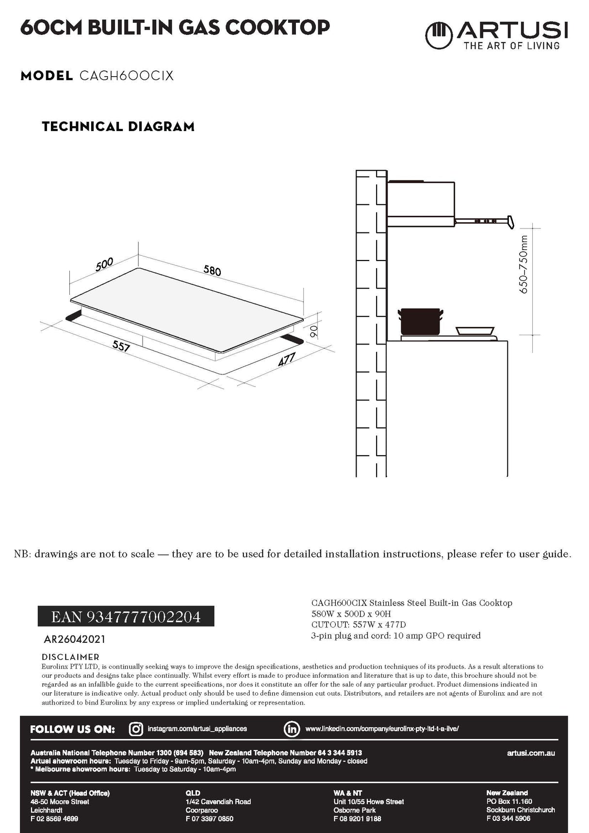 Artusi CAGH600CIX 60cm Stainless Steel Gas Cooktop