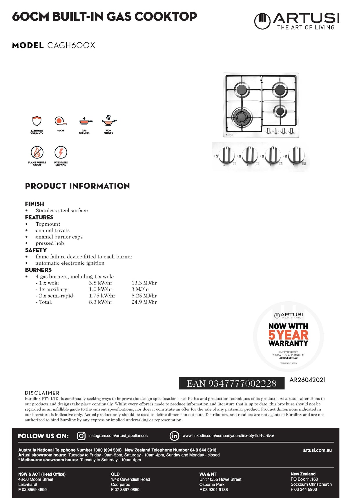 Artusi CAGH600X 60cm Stainless Steel Gas Cooktop