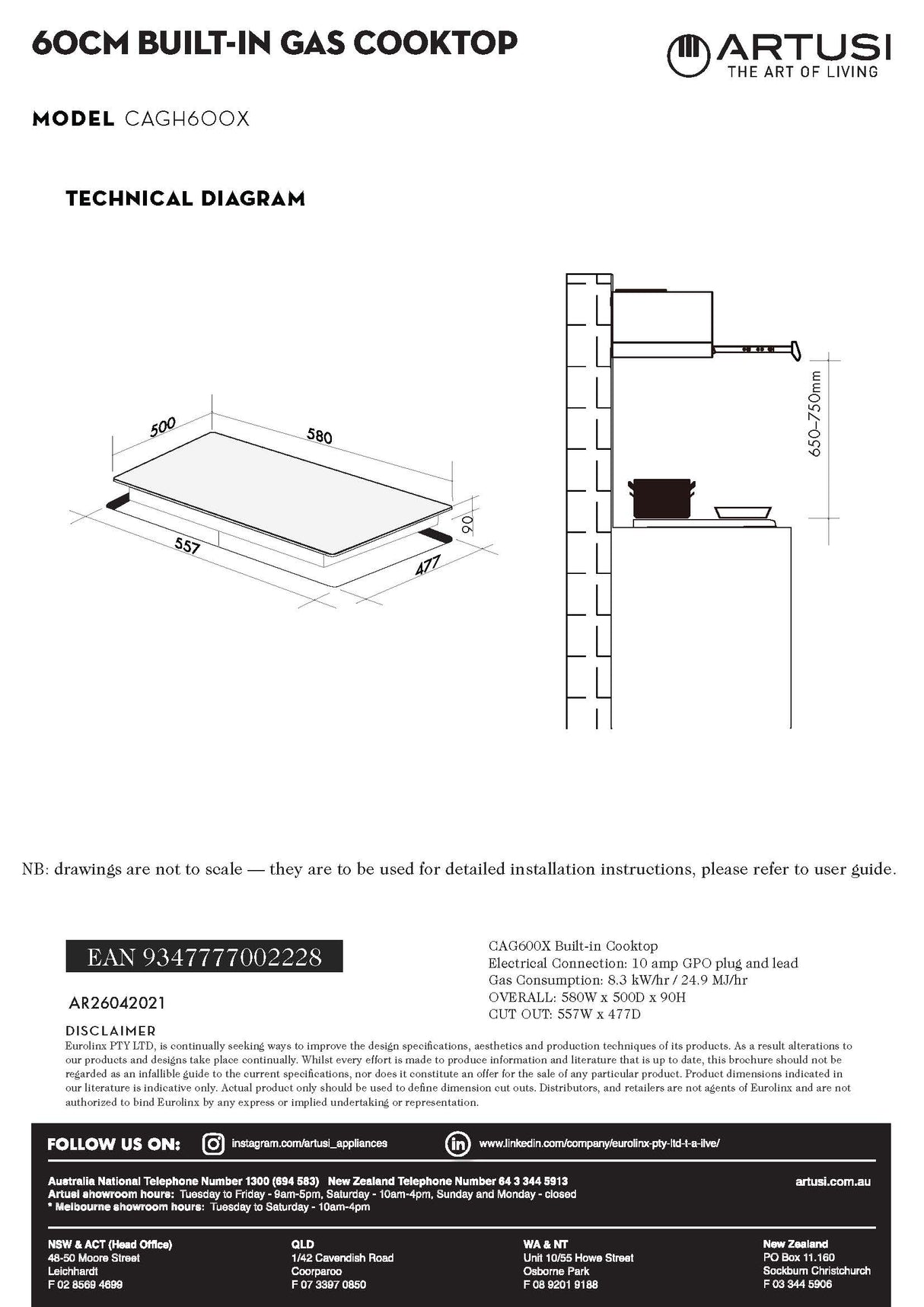 Artusi CAGH600X 60cm Stainless Steel Gas Cooktop