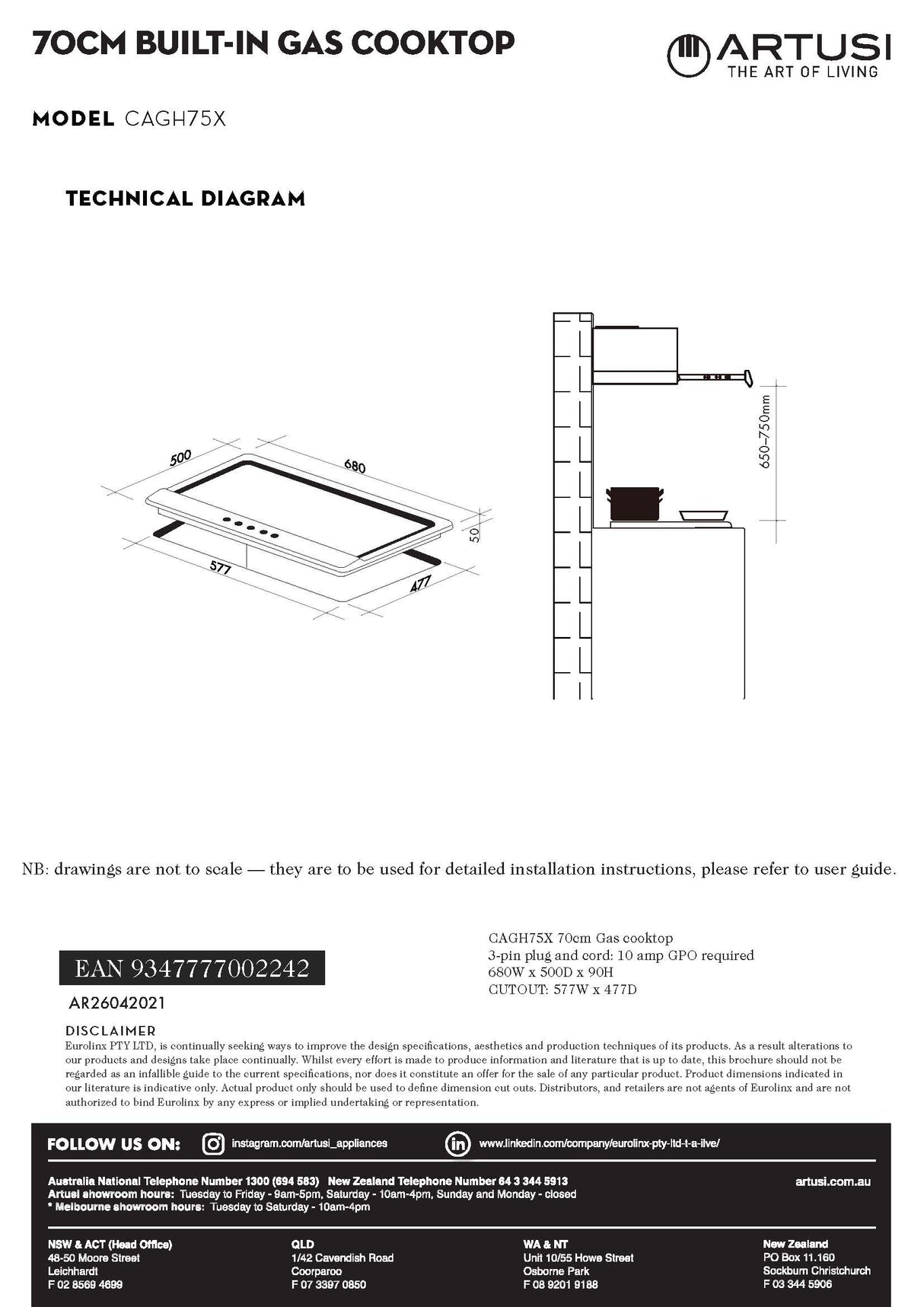 Artusi CAGH75X 70cm Stainless Steel Gas Cooktop