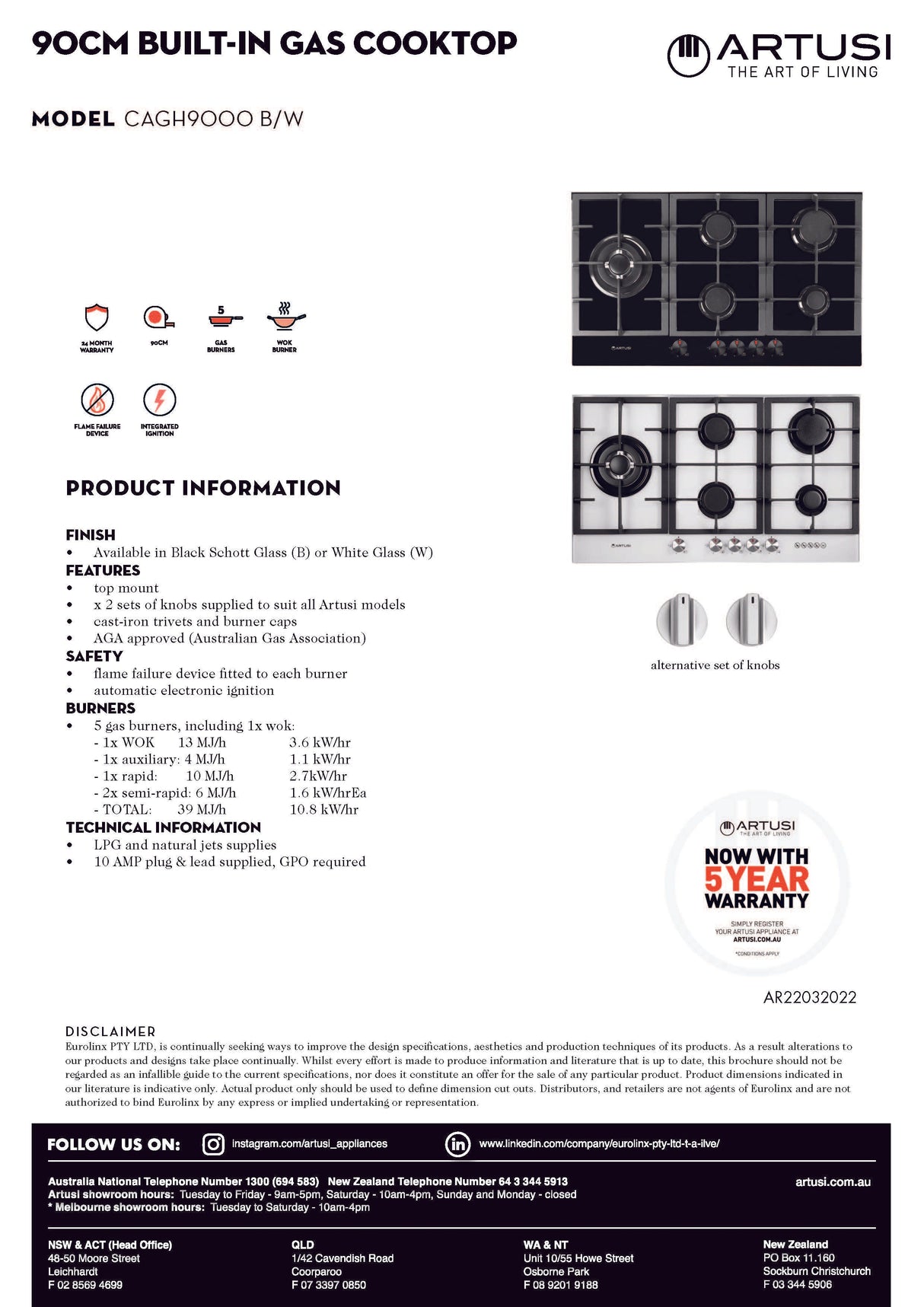 Artusi CAGH9000B 90cm Black Finish Gas Cooktop