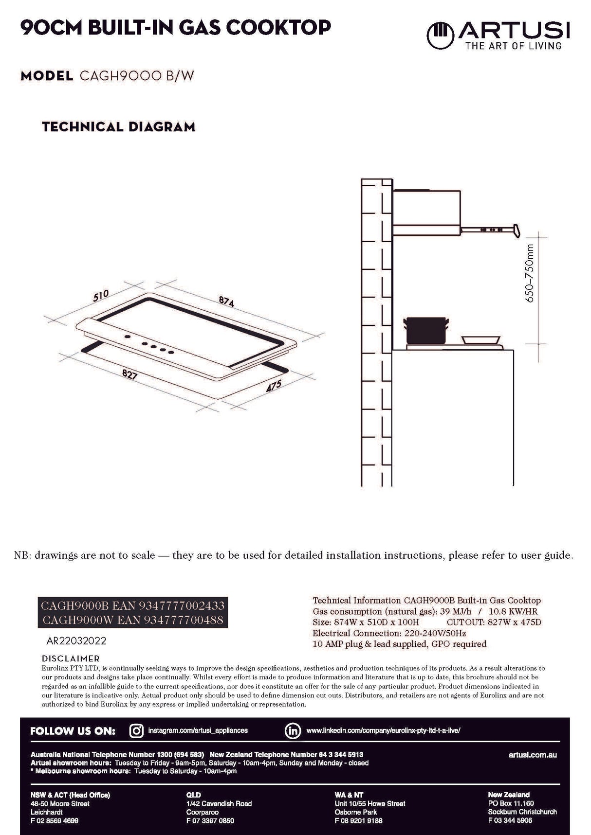 Artusi CAGH9000B 90cm Black Finish Gas Cooktop