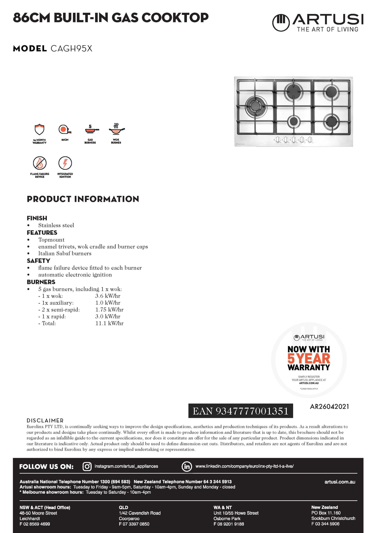 Artusi CAGH95X 90cm Stainless Steel Gas Cooktop