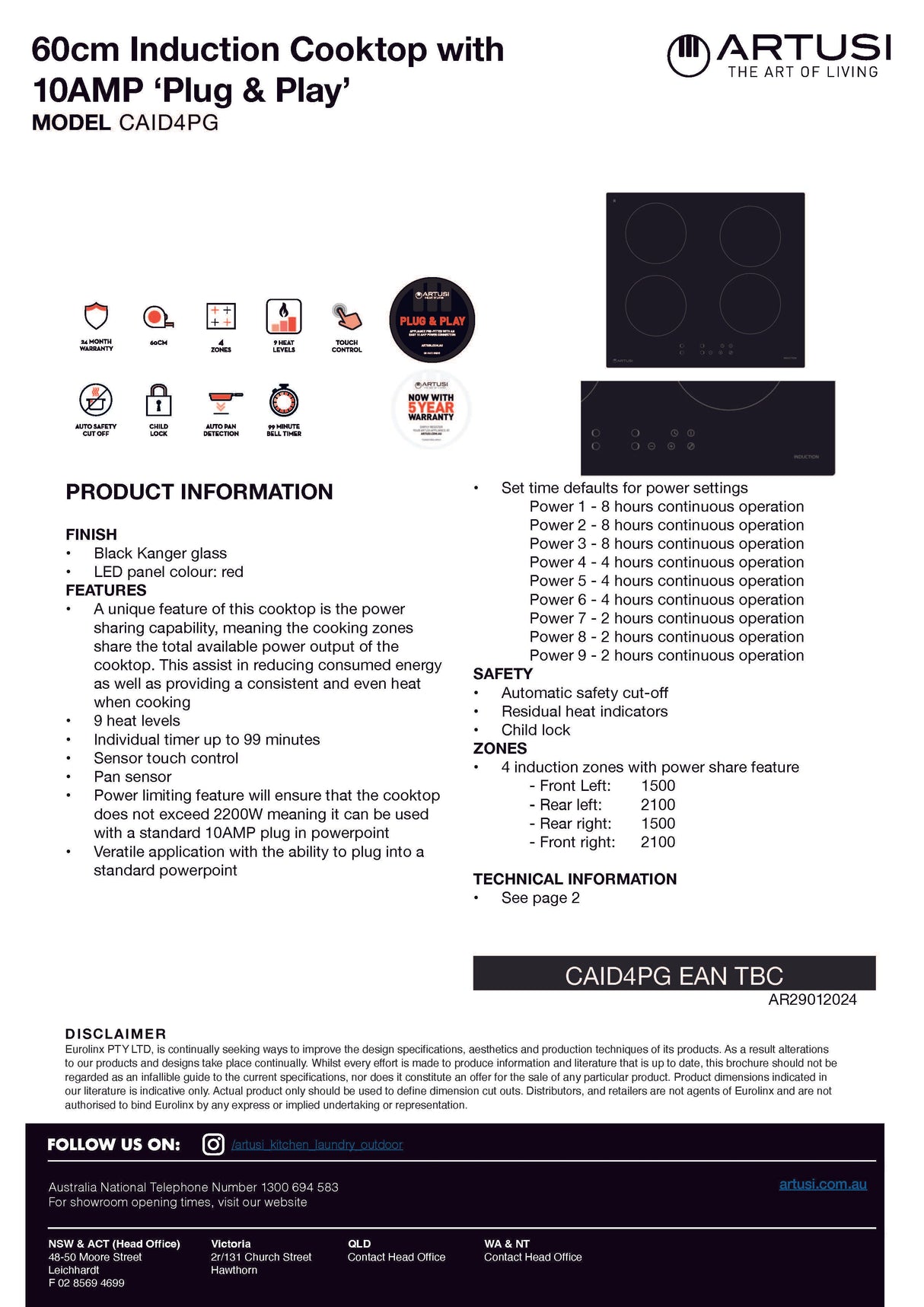 Artusi CAID4PG 60cm Plug in Induction Cooktop