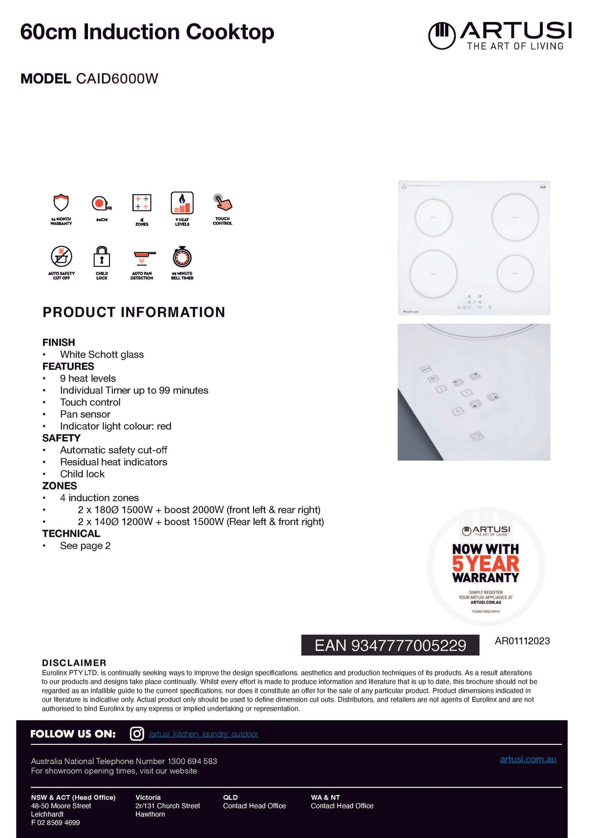 Artusi CAID6000W 60cm Induction Cooktop