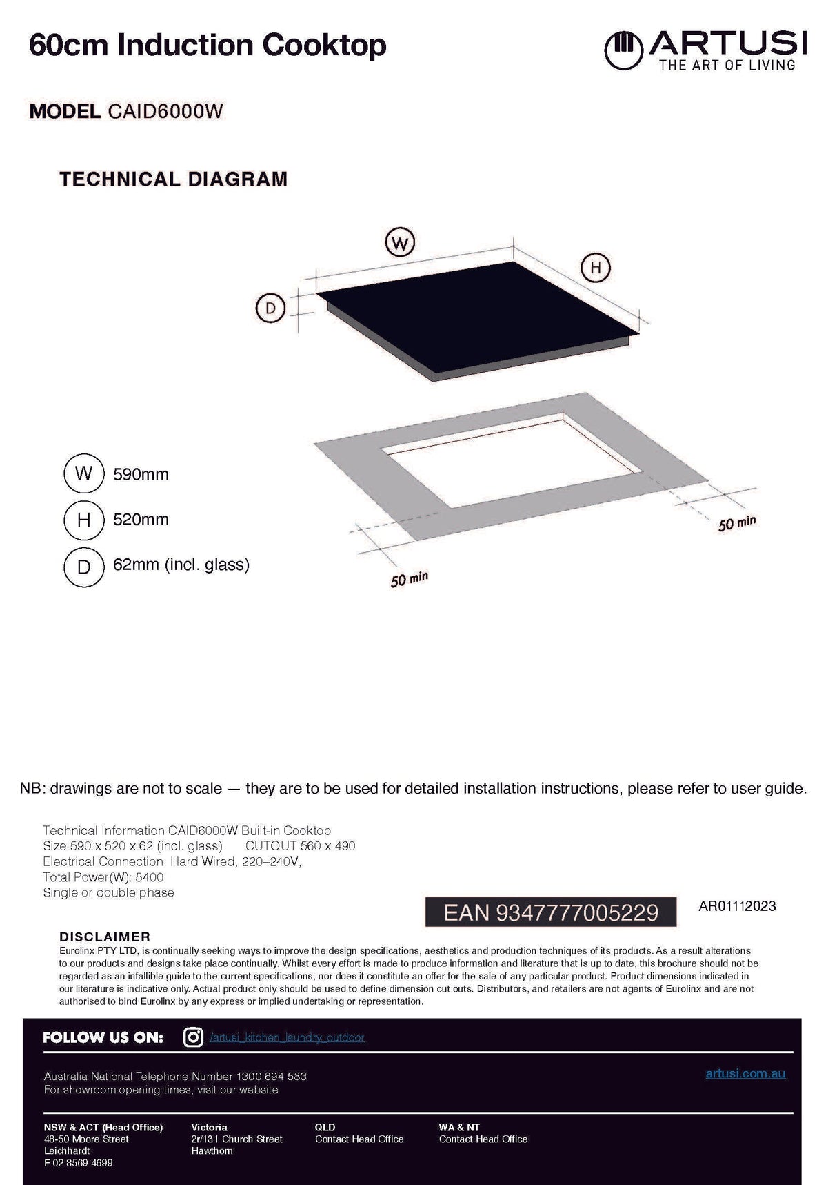 Artusi CAID6000W 60cm Induction Cooktop