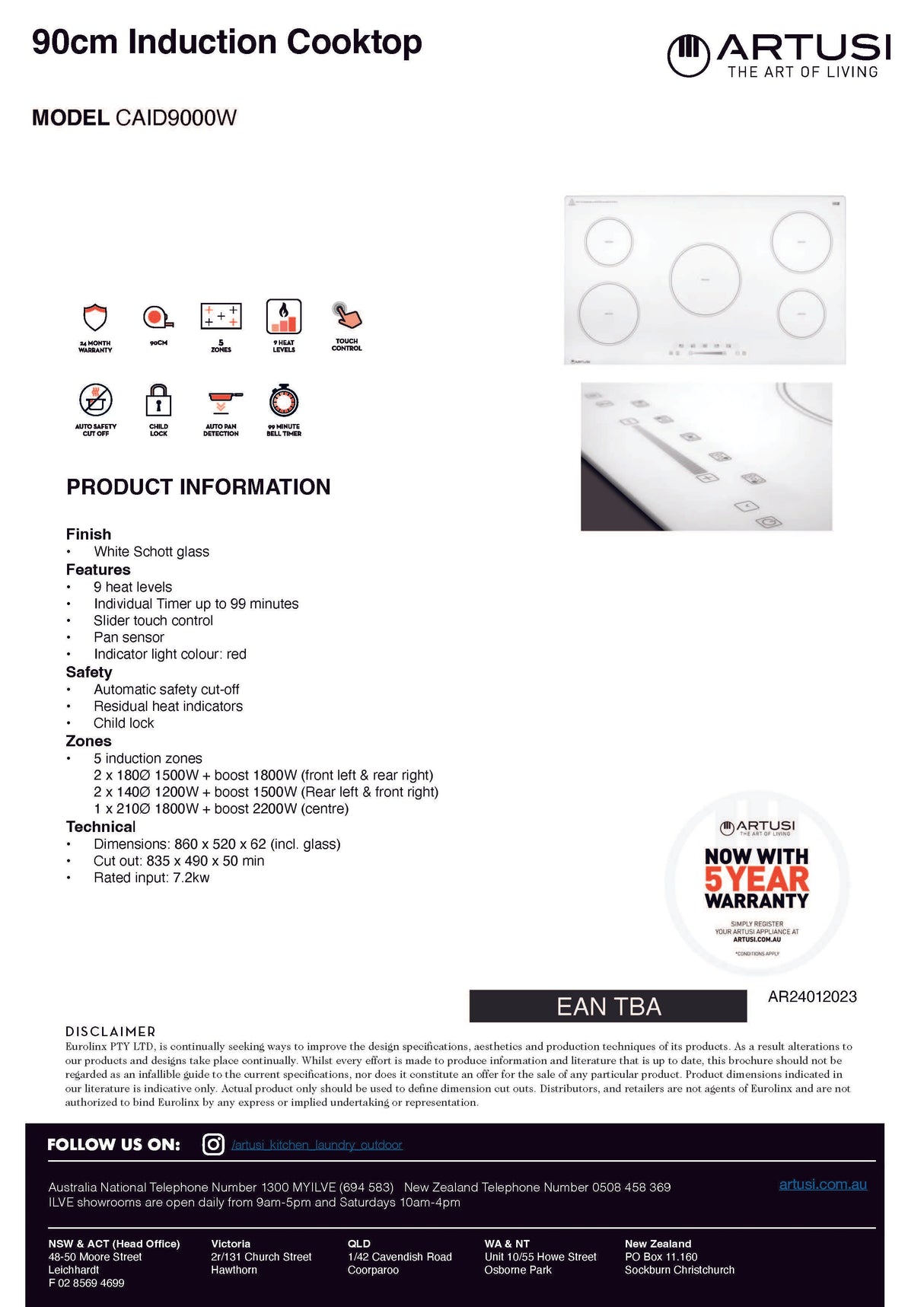 Artusi CAID9000W 90cm Induction Cooktop