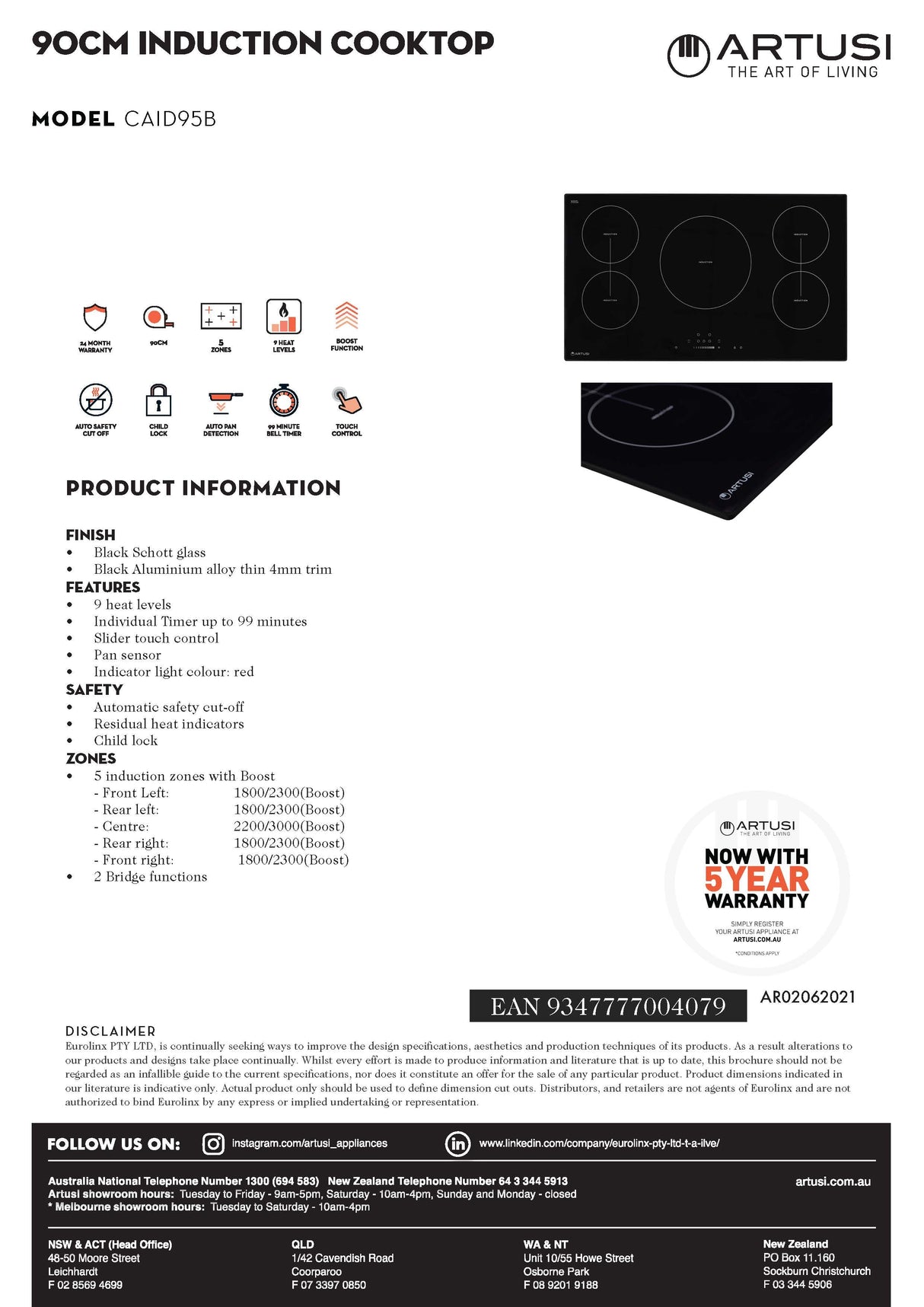 Artusi CAID95B 90cm Induction Cooktop