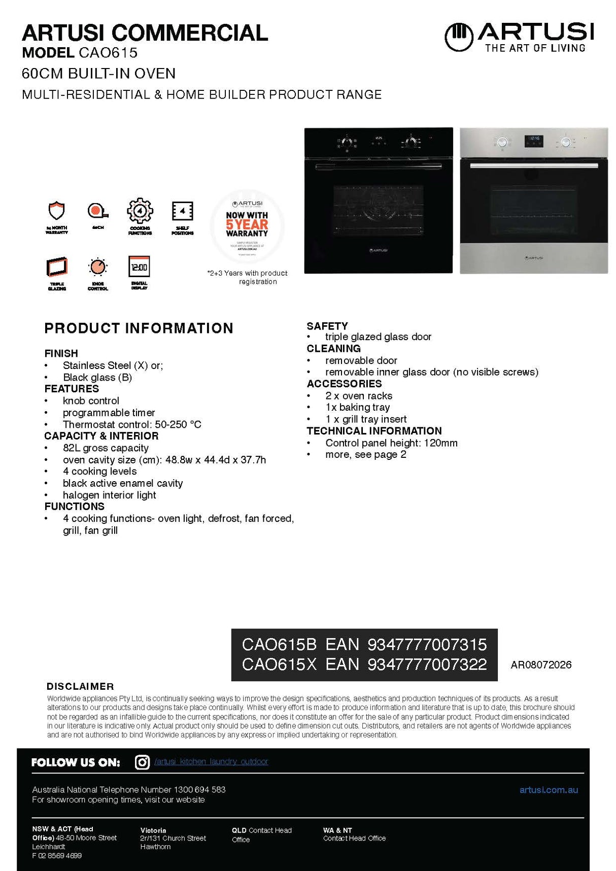 Artusi CAO615X 60cm Electric Built In Oven, Stainless Steel