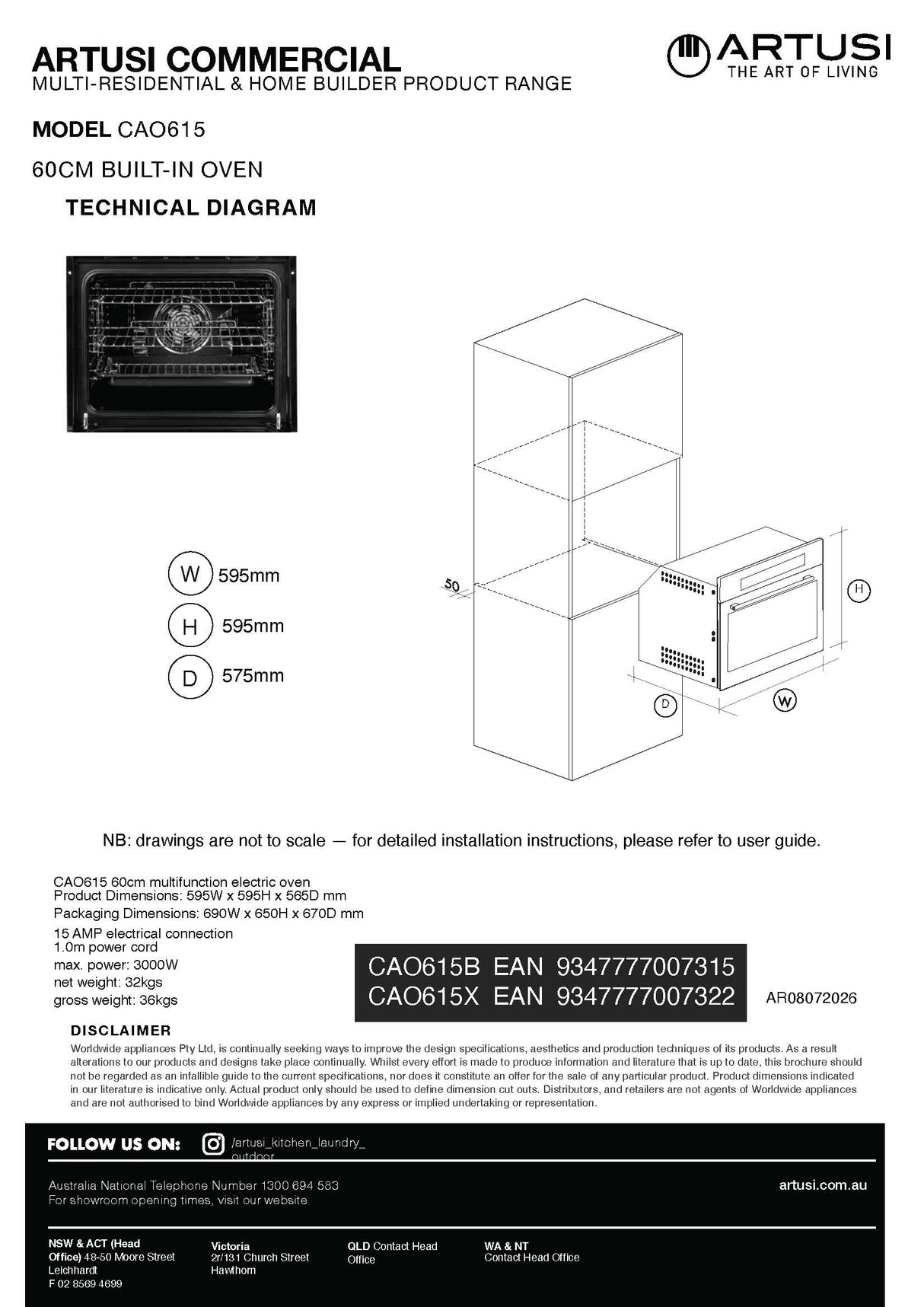 Artusi CAO615B 60cm Built In Electric Oven, Black