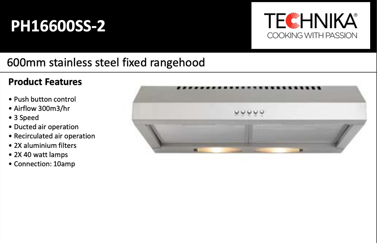 Technika PH16600SS-2 60cm Stainless Steel Fixed Rangehood