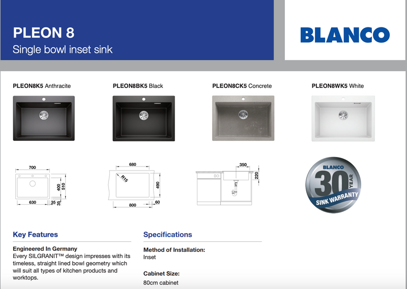 Blanco PLEON8K5 PLEON 8 Single Bowl Inset Sink, Anthracite - In Stock