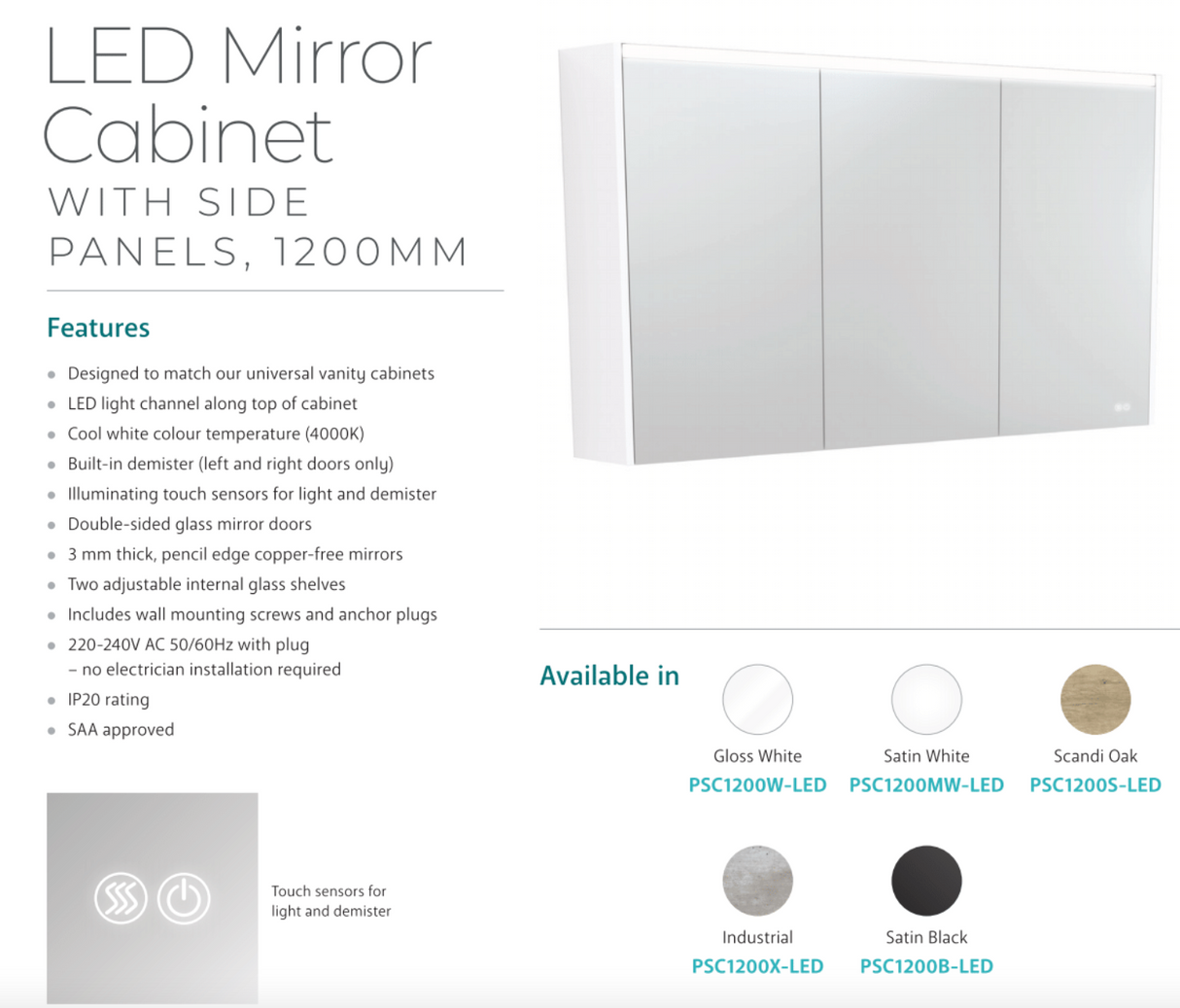 Fienza PSC1200B-LED 1200mm Mirror LED Cabinet, Satin Black