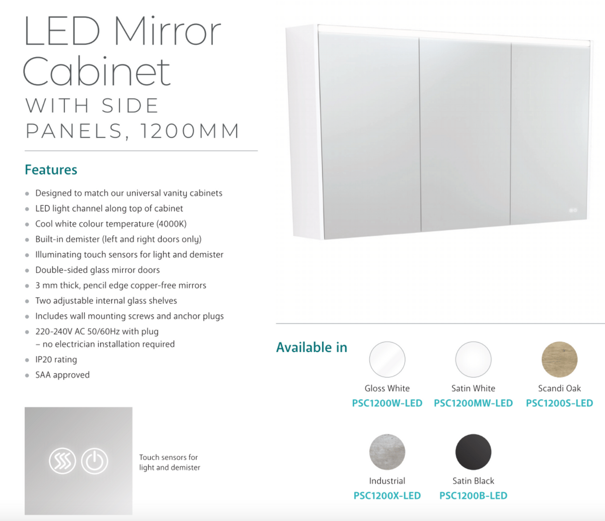 Fienza PSC1200MW-LED 1200mm Mirror LED Cabinet, Satin White