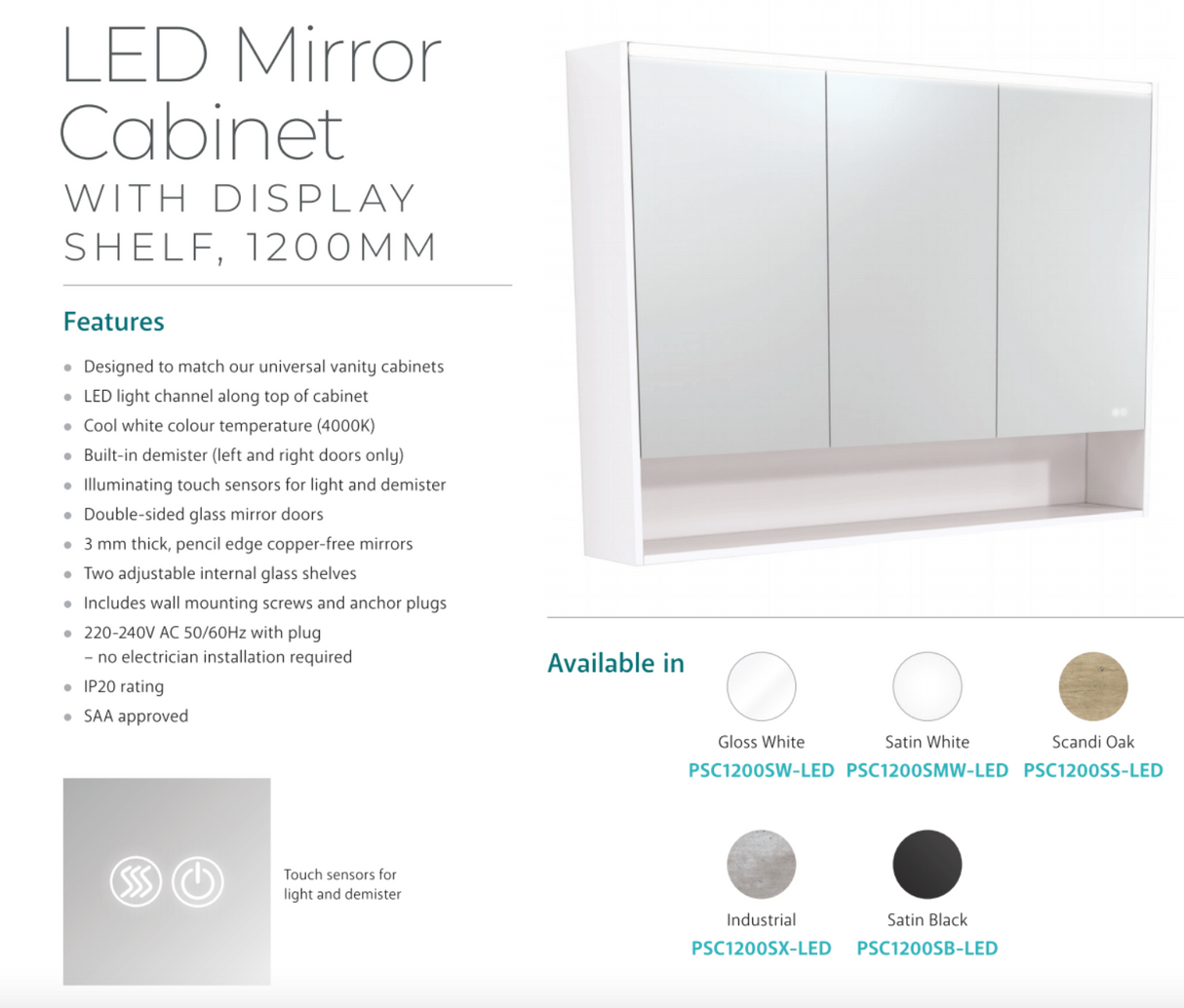 Fienza 1200mm PSC1200SB-LED Mirror LED Cabinet with Undershelf, Satin Black