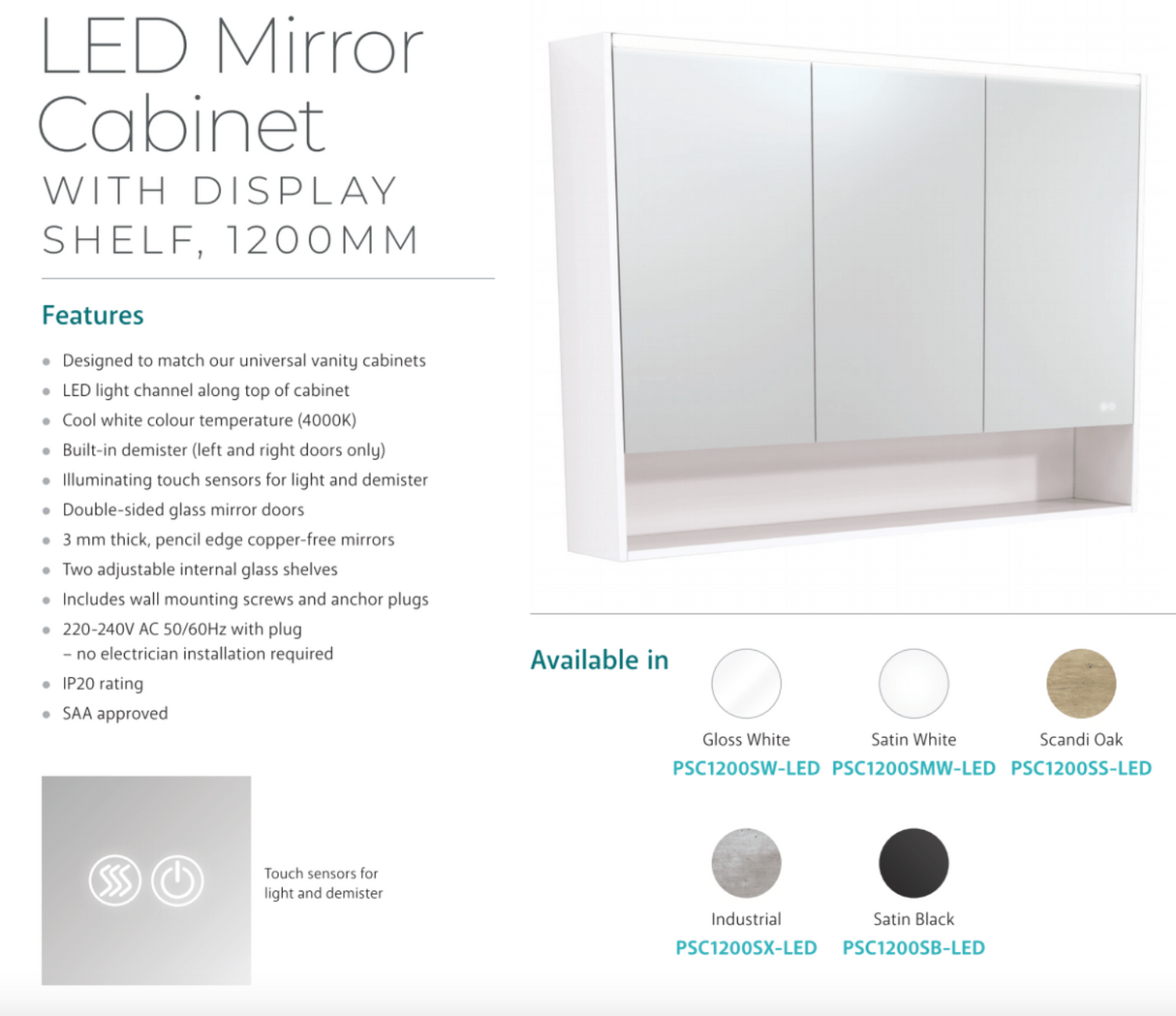 Fienza PSC1200SMW-LED 1200mm Mirror LED Cabinet with Undershelf, Satin White