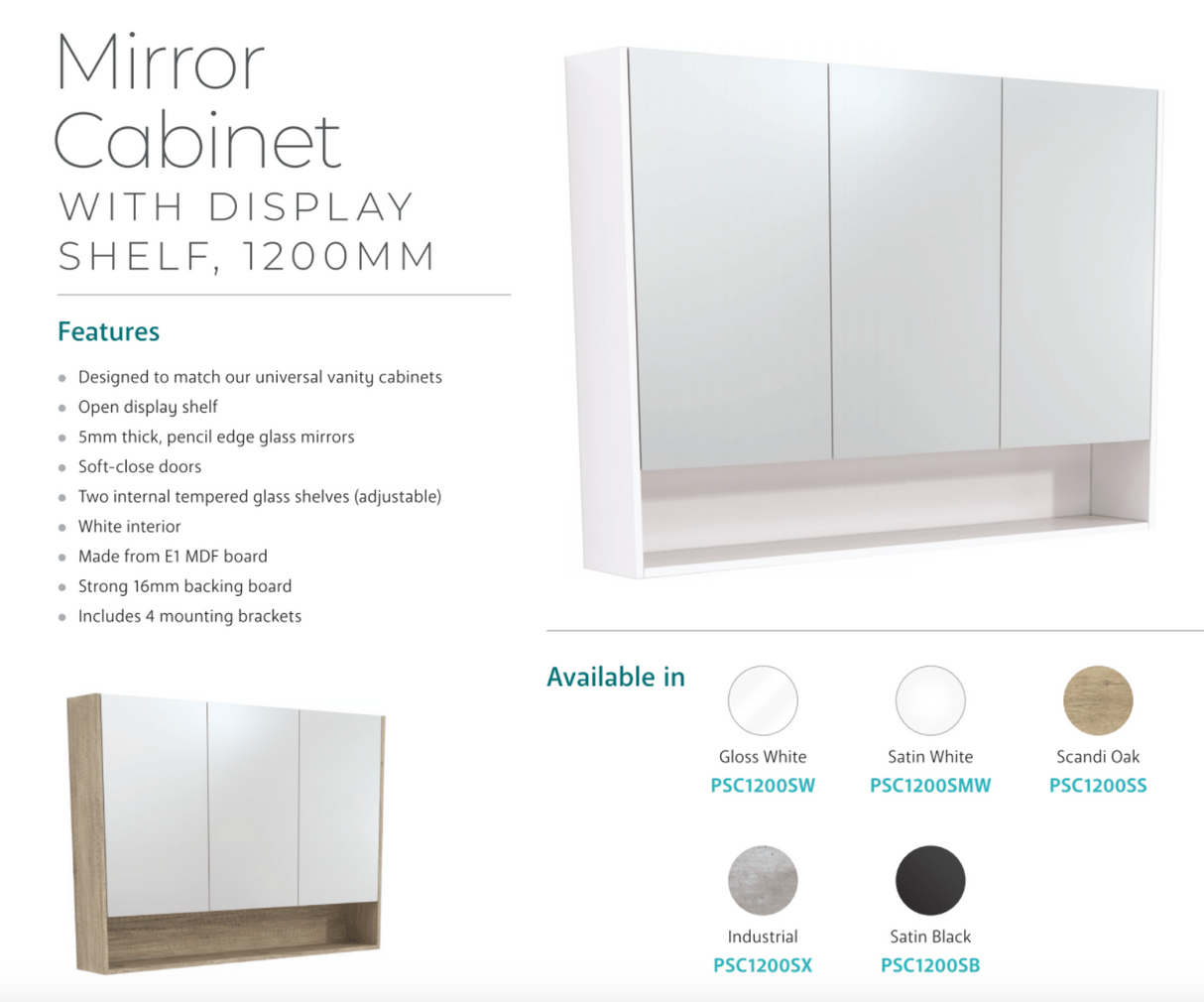 Fienza PSC1200SMW 1200mm Mirror Cabinet with Undershelf, Satin White