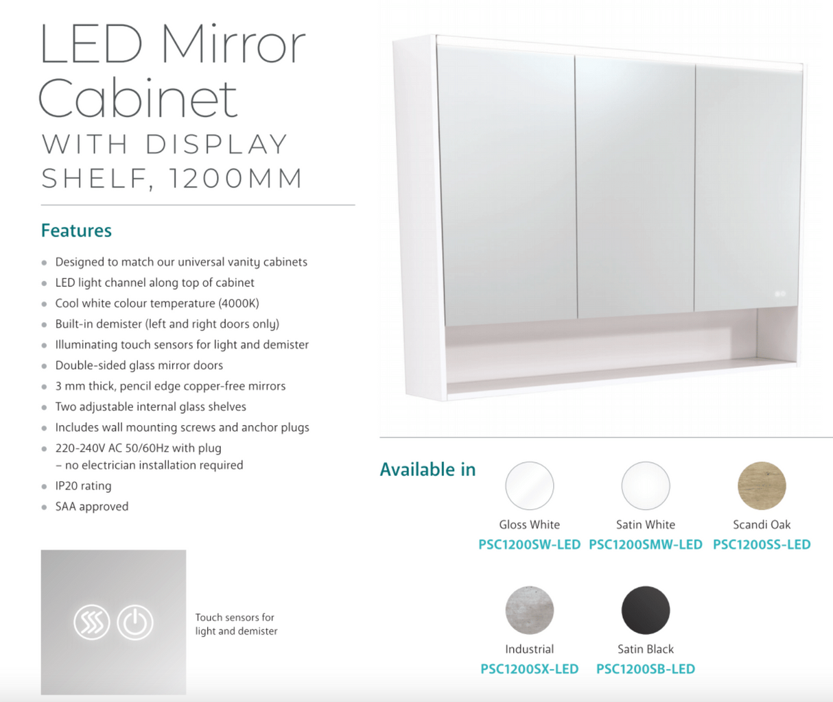 Fienza PSC1200SW-LED 1200mm Mirror LED Cabinet with Undershelf, Gloss White