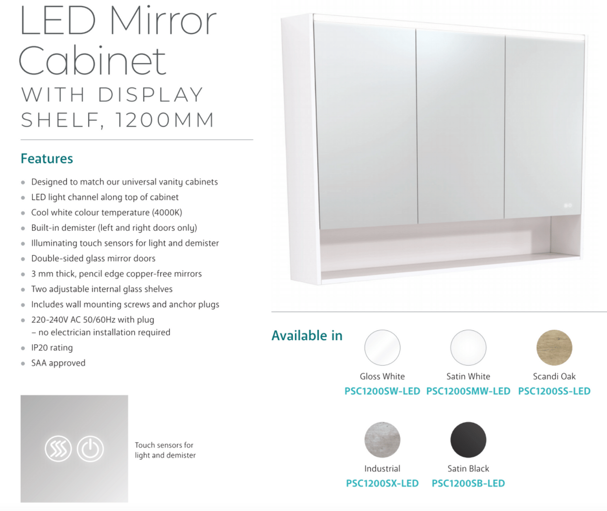 Fienza PSC1200SS-LED 1200mm Mirror LED Cabinet with Undershelf, Scandi Oak