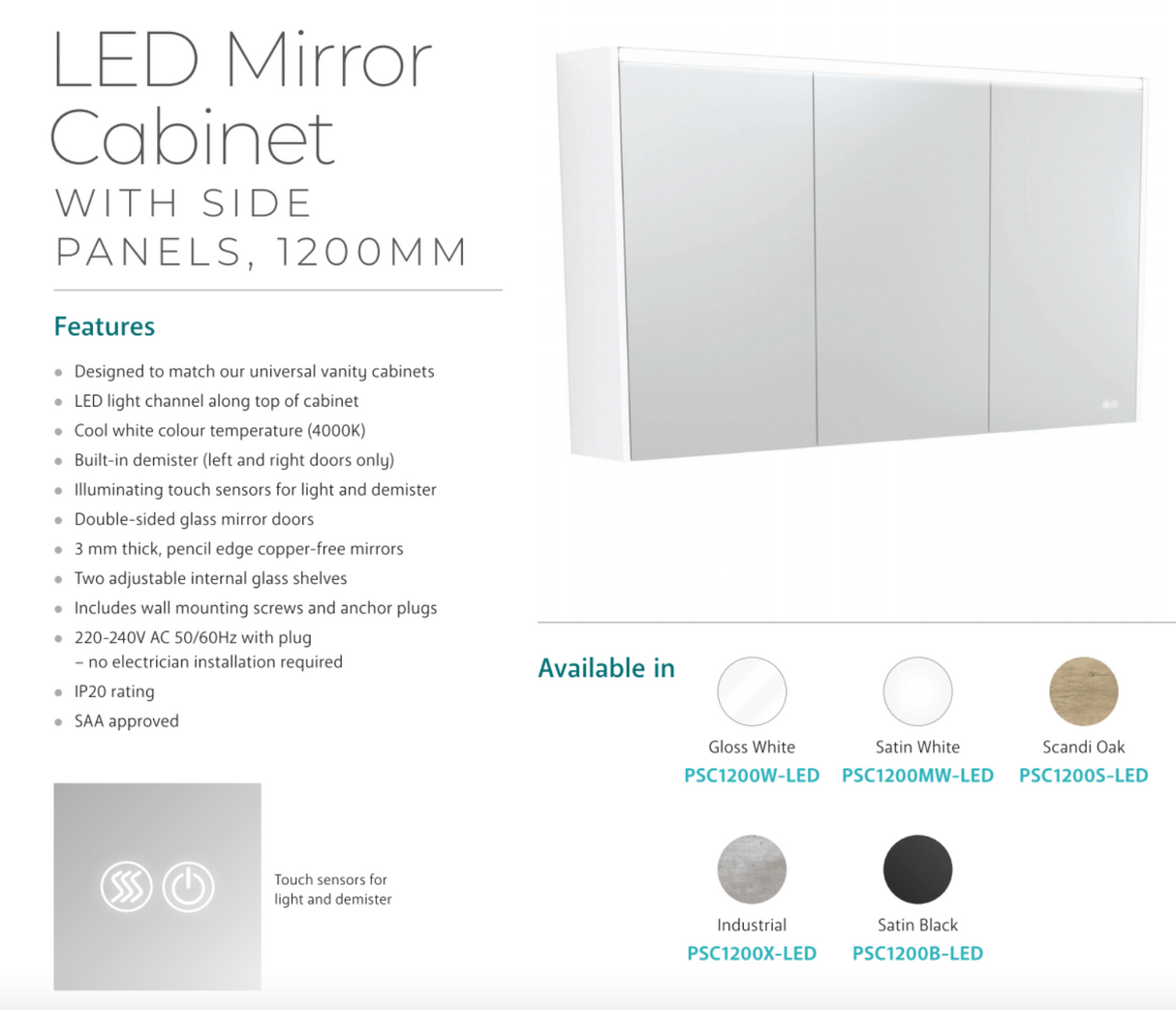 Fienza PSC1200W-LED 1200mm Mirror LED Cabinet, Gloss White