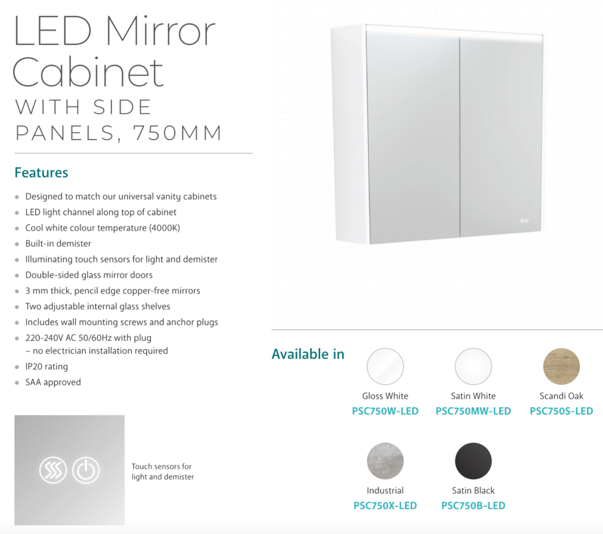 Fienza 750mm PSC750MW-LED Mirror LED Cabinet, Satin White