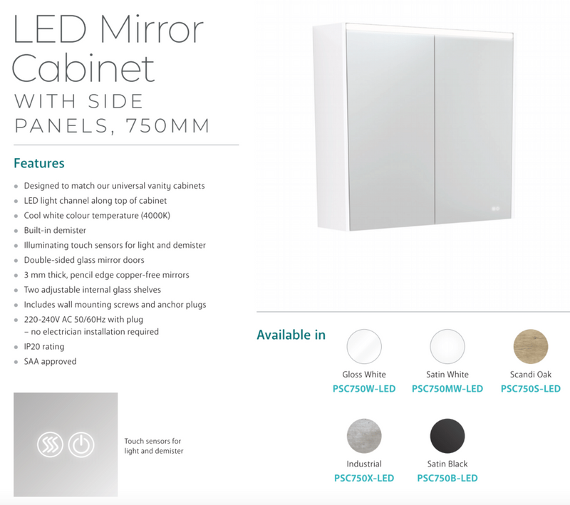 Fienza 750mm PSC750MW-LED Mirror LED Cabinet, Satin White - Special Order