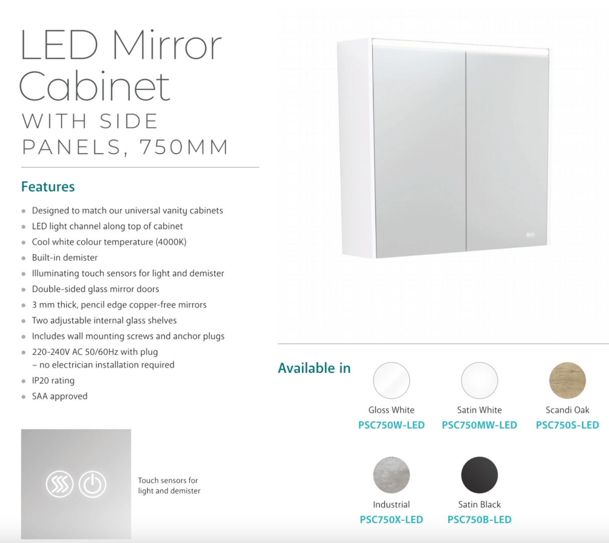 Fienza PSC750S-LED 750mm Mirror LED Cabinet, Scandi Oak