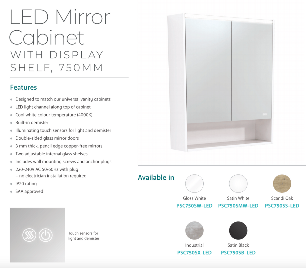 Fienza PSC750SMW-LED 750mm Mirror LED Cabinet with Undershelf, Satin White