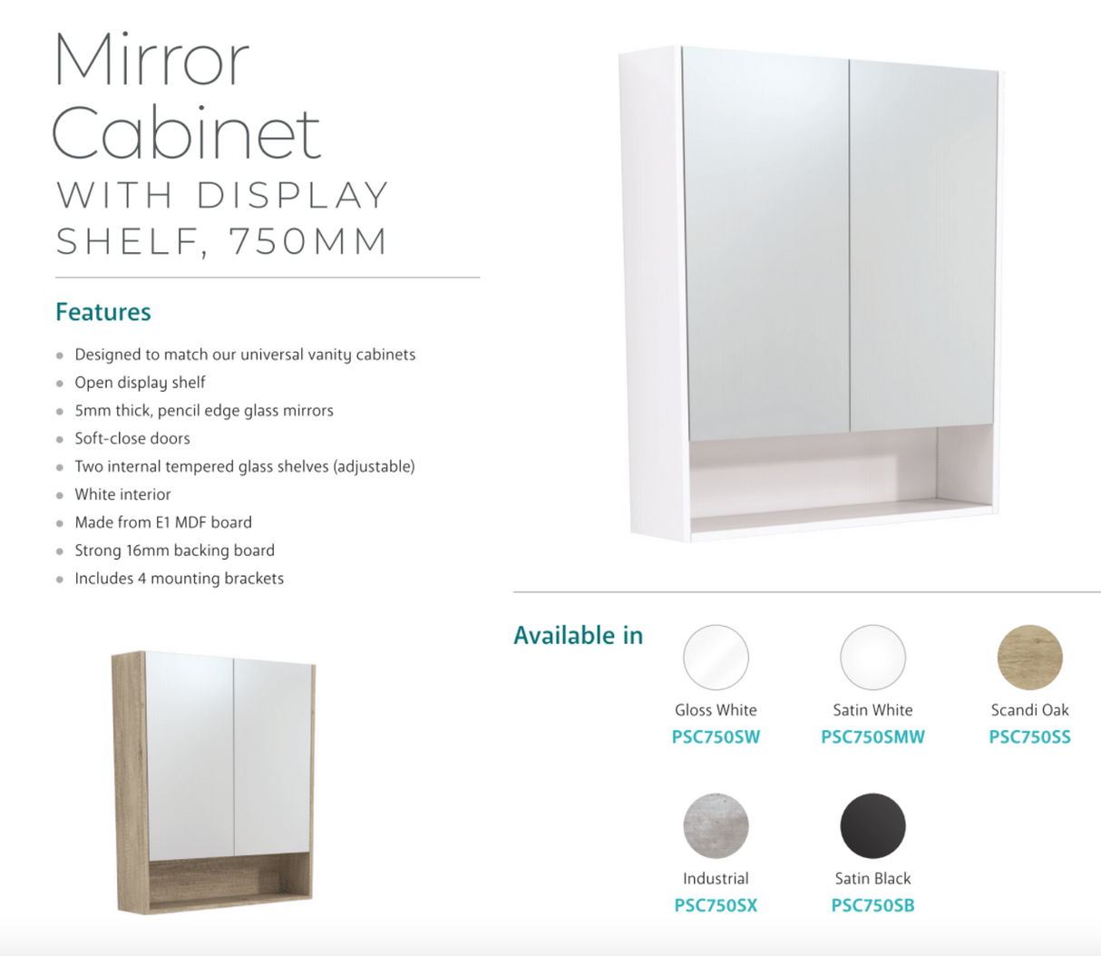 Fienza PSC750SMW 750mm Mirror Cabinet with Undershelf, Satin White