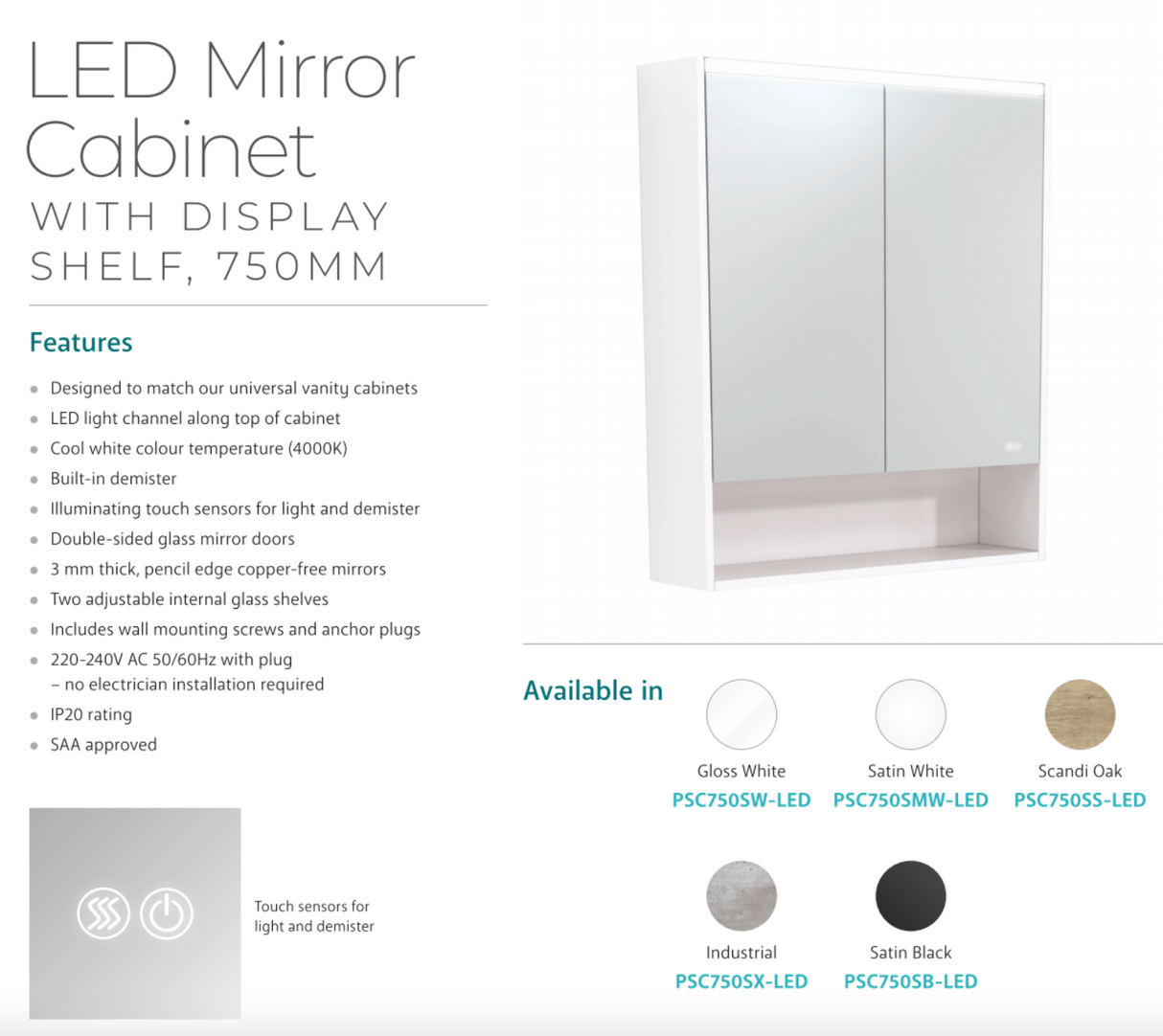 Fienza PSC750SW-LED 750mm Mirror LED Cabinet with Undershelf, Gloss White