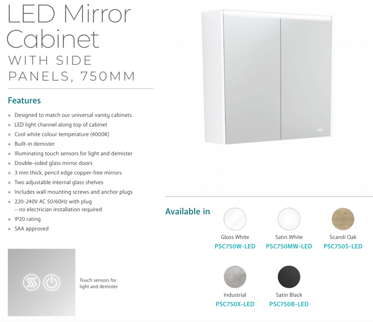 Fienza PSC750W-LED 750mm Mirror LED Cabinet, Gloss White