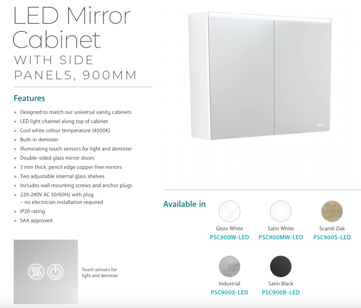 Fienza PSC900B-LED 900mm Mirror LED Cabinet, Satin Black