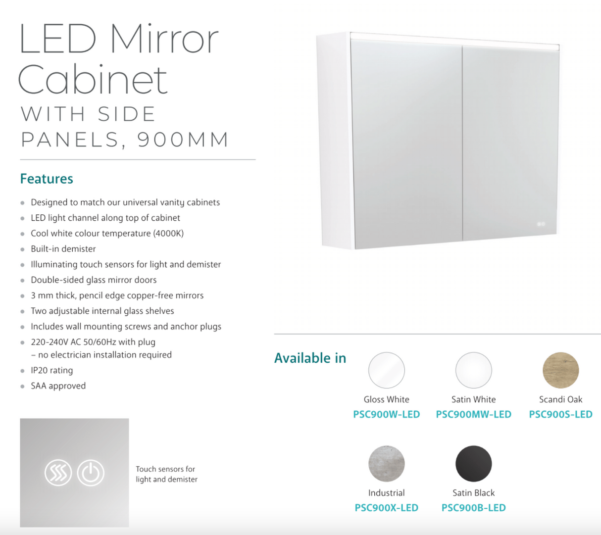 Fienza PSC900MW-LED 900mm Mirror LED Cabinet, Satin White