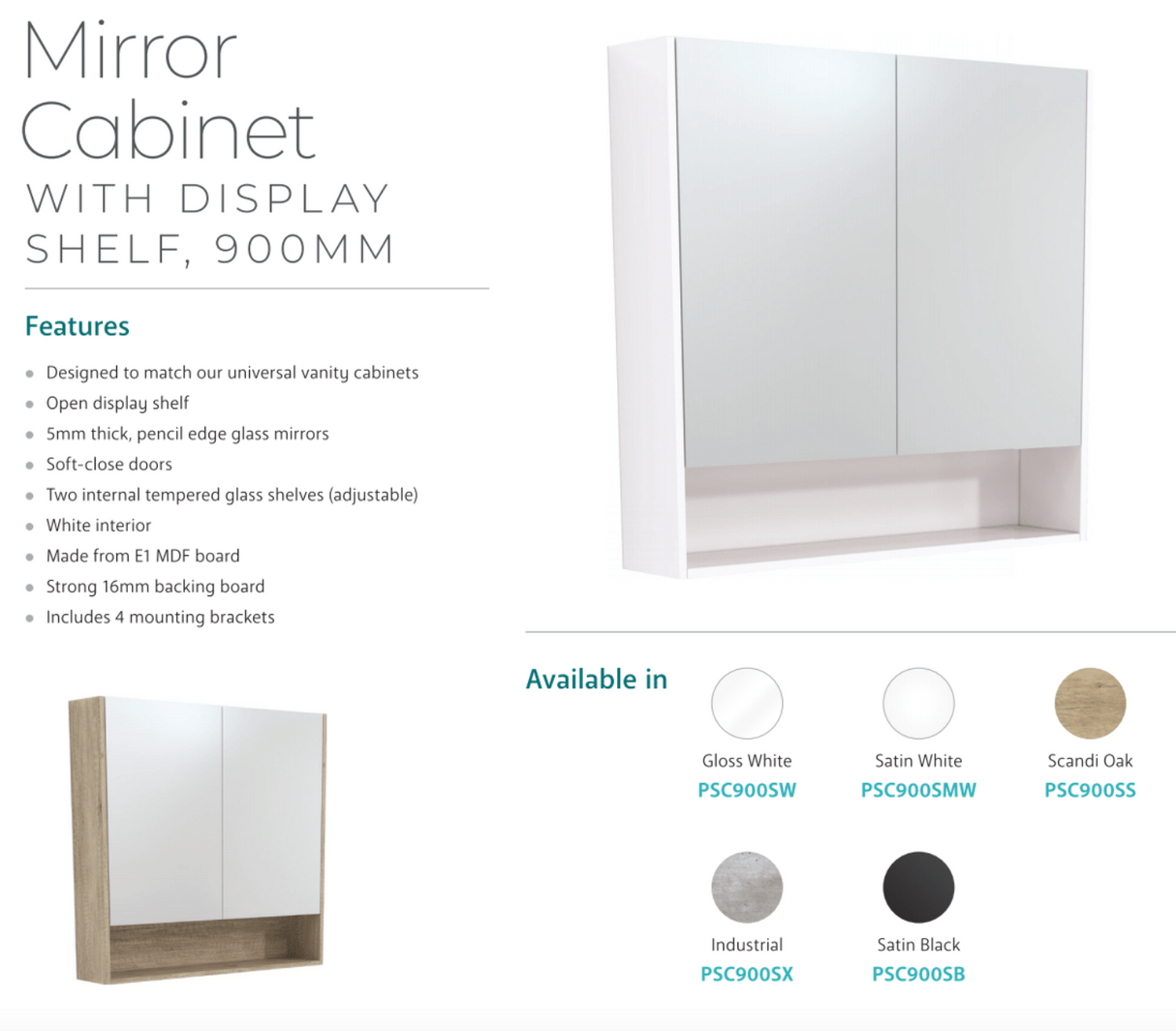 Fienza PSC900SMW Mirror Cabinet 900mm with Undershelf, Satin White