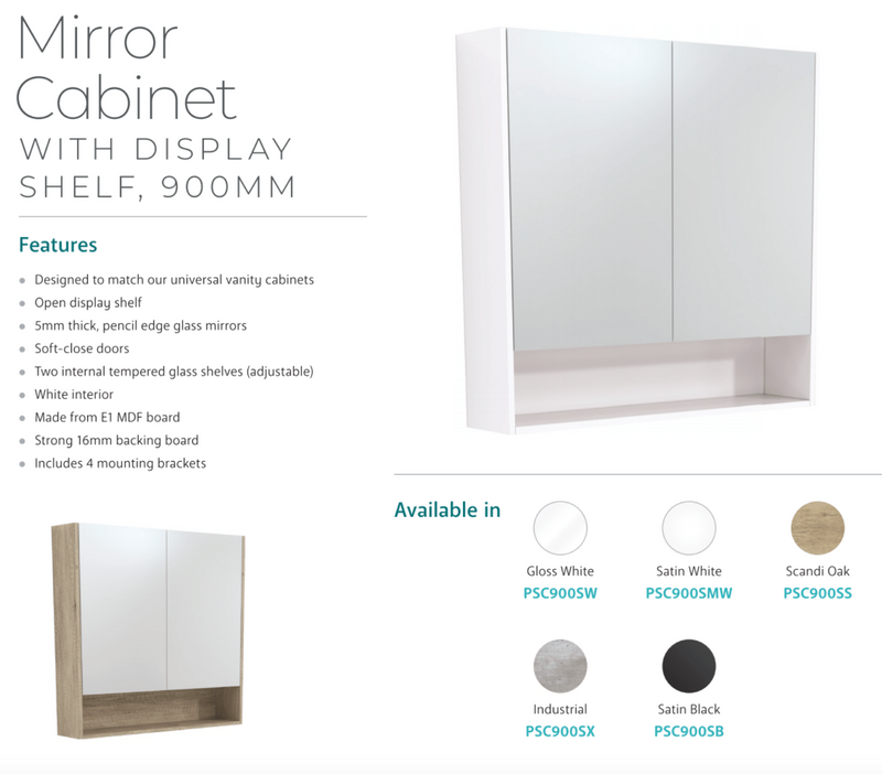 Fienza PSC900SMW Mirror Cabinet 900mm with Undershelf, Satin White - Special Order